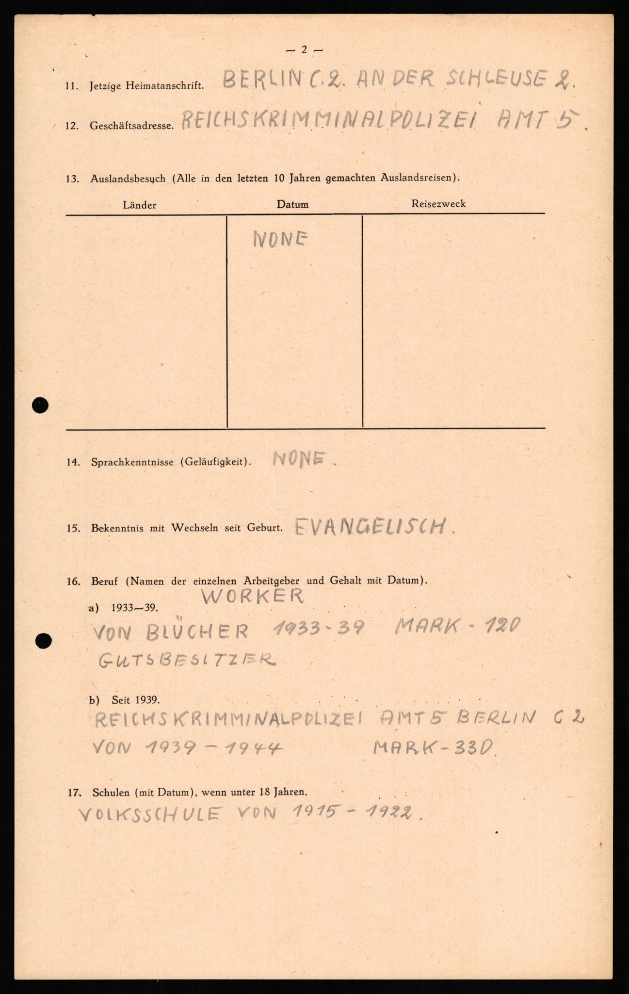 Forsvaret, Forsvarets overkommando II, RA/RAFA-3915/D/Db/L0022: CI Questionaires. Tyske okkupasjonsstyrker i Norge. Tyskere., 1945-1946, p. 508