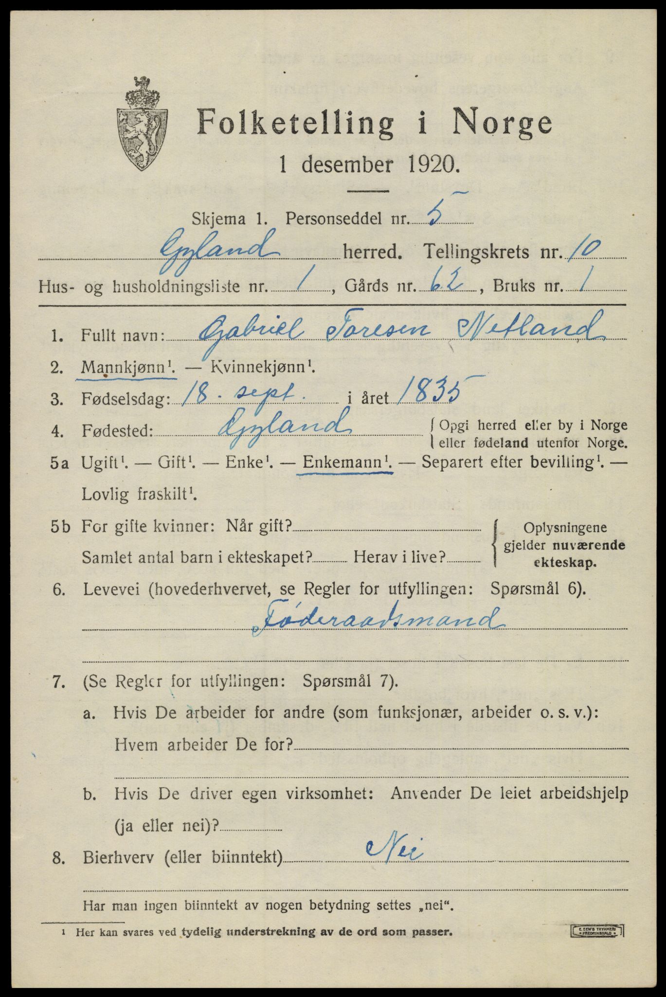 SAK, 1920 census for Gyland, 1920, p. 2180