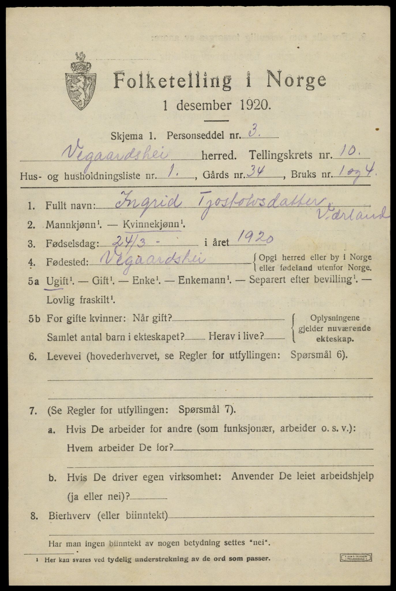 SAK, 1920 census for Vegårshei, 1920, p. 3282