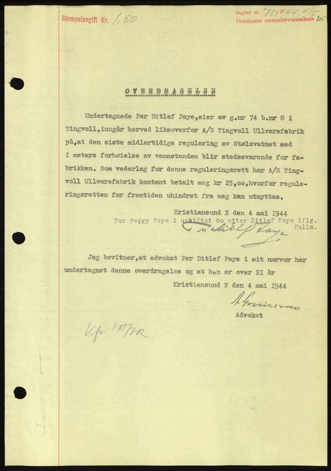 Nordmøre sorenskriveri, AV/SAT-A-4132/1/2/2Ca: Mortgage book no. B91, 1943-1944, Diary no: : 751/1944