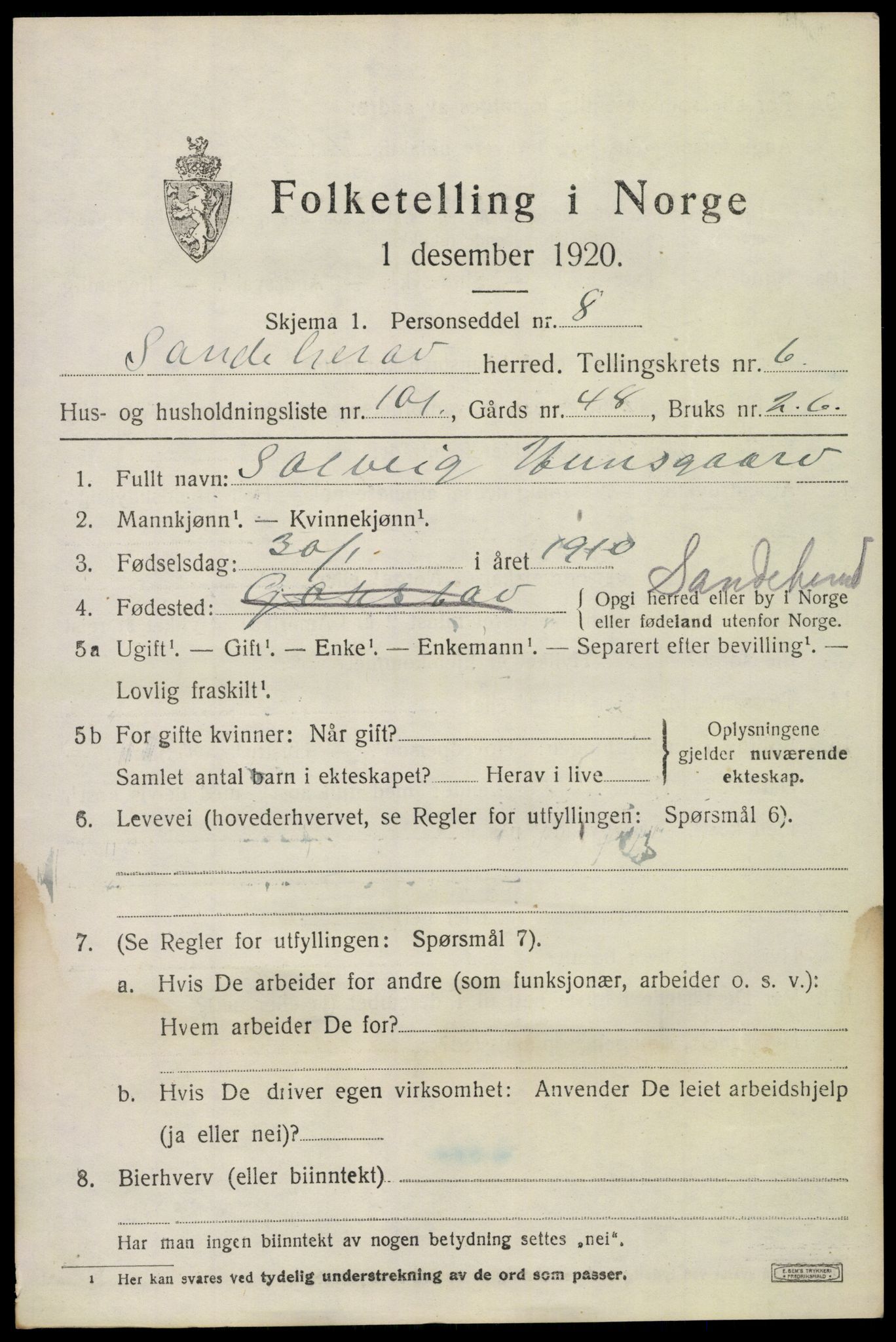 SAKO, 1920 census for Sandeherred, 1920, p. 10976