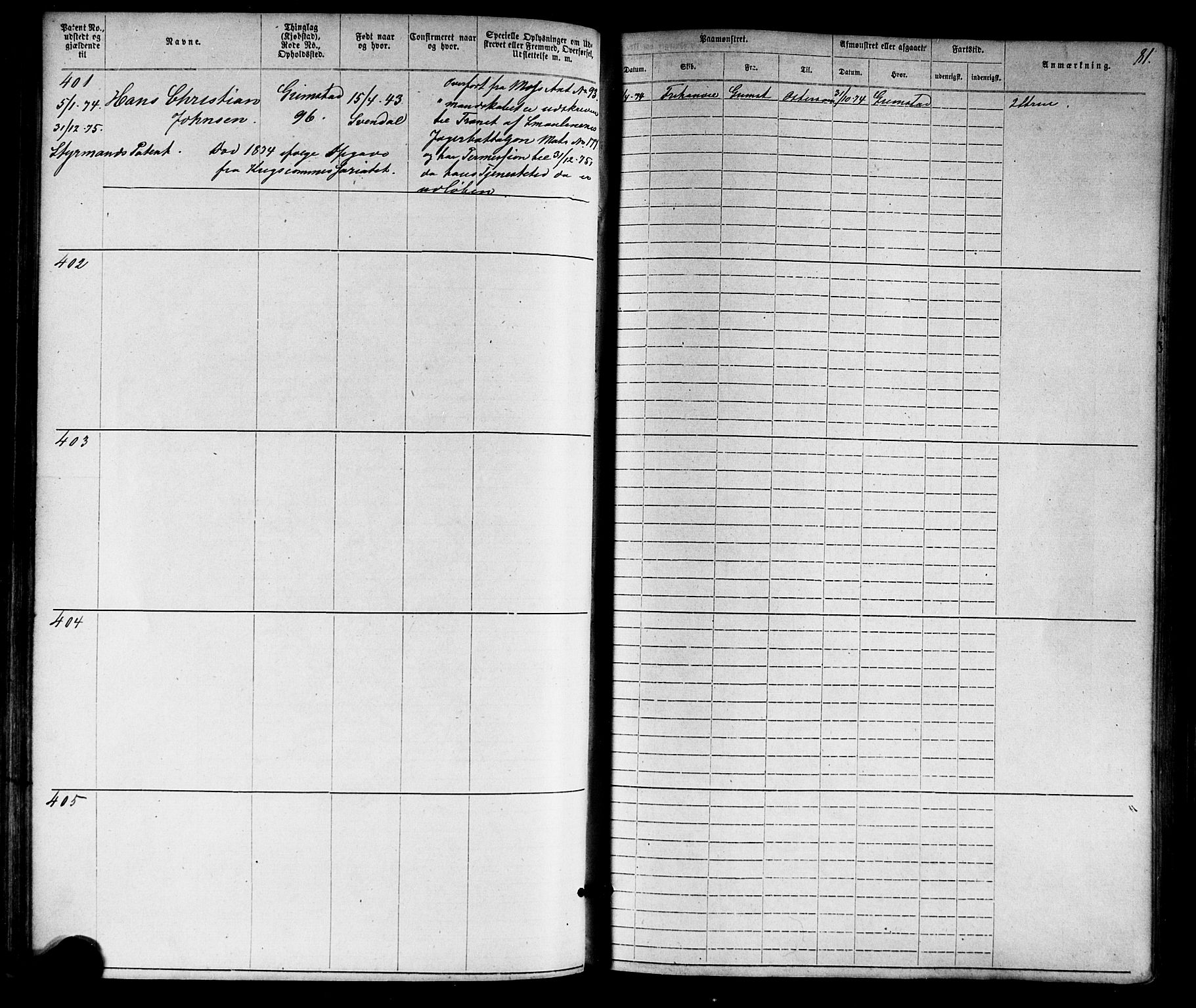 Grimstad mønstringskrets, SAK/2031-0013/F/Fa/L0005: Annotasjonsrulle nr 1-1910 med register, V-18, 1870-1892, p. 104