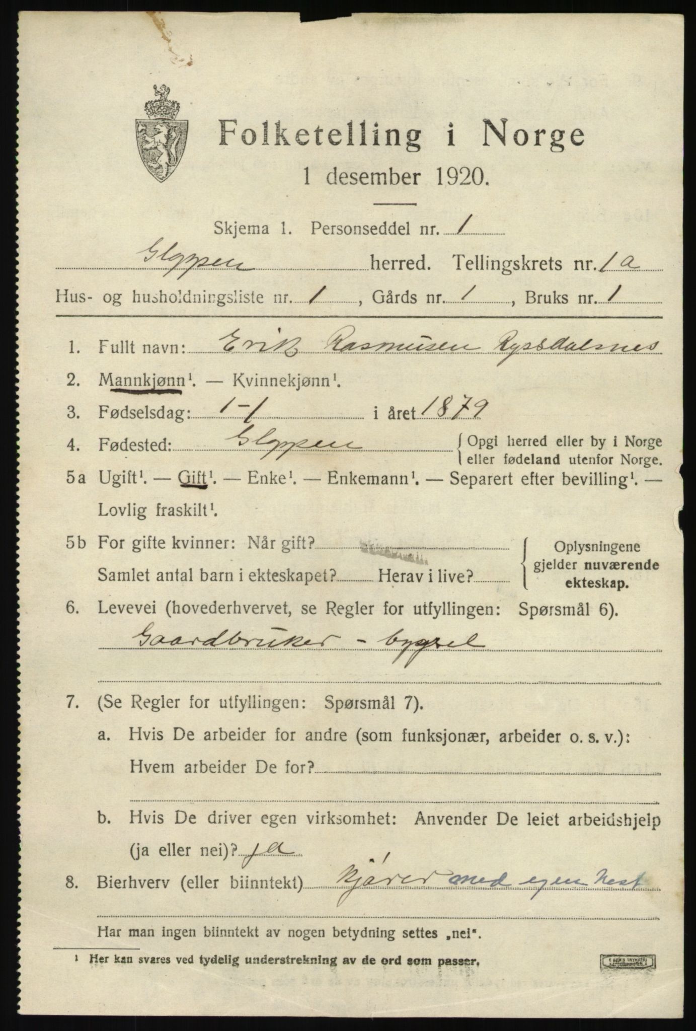 SAB, 1920 census for Gloppen, 1920, p. 1106