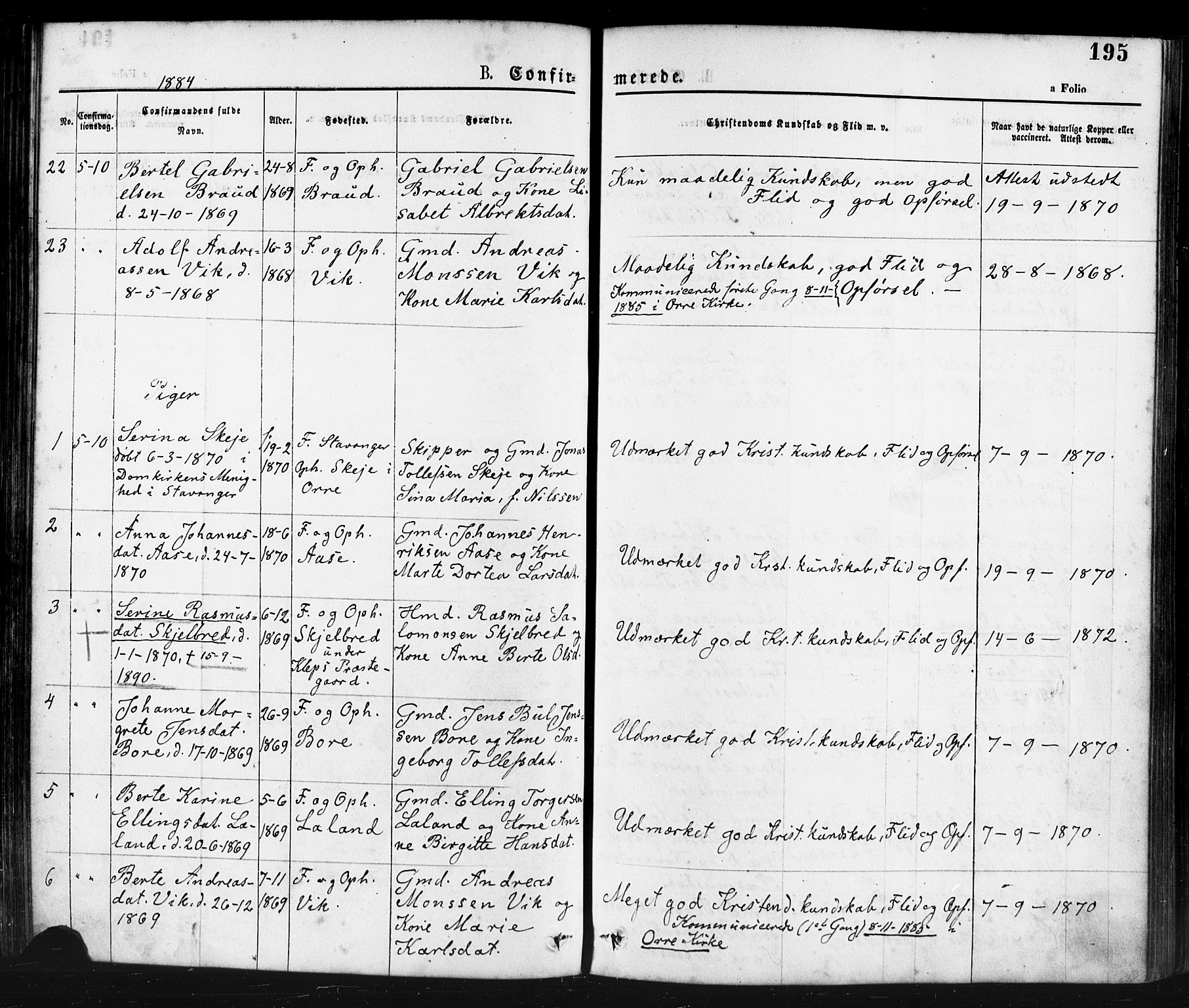 Klepp sokneprestkontor, AV/SAST-A-101803/001/3/30BA/L0006: Parish register (official) no. A 6, 1871-1885, p. 195