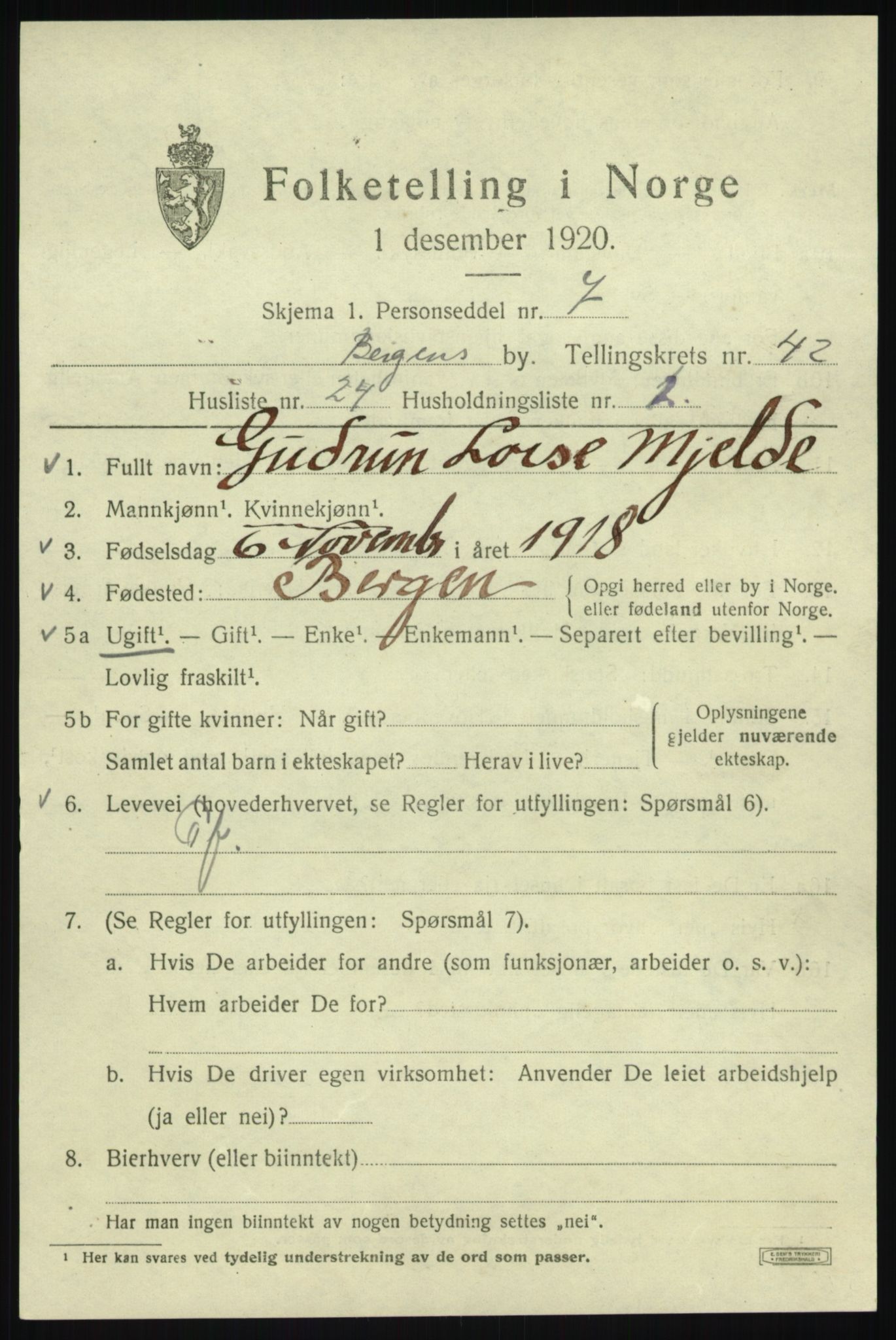 SAB, 1920 census for Bergen, 1920, p. 110377