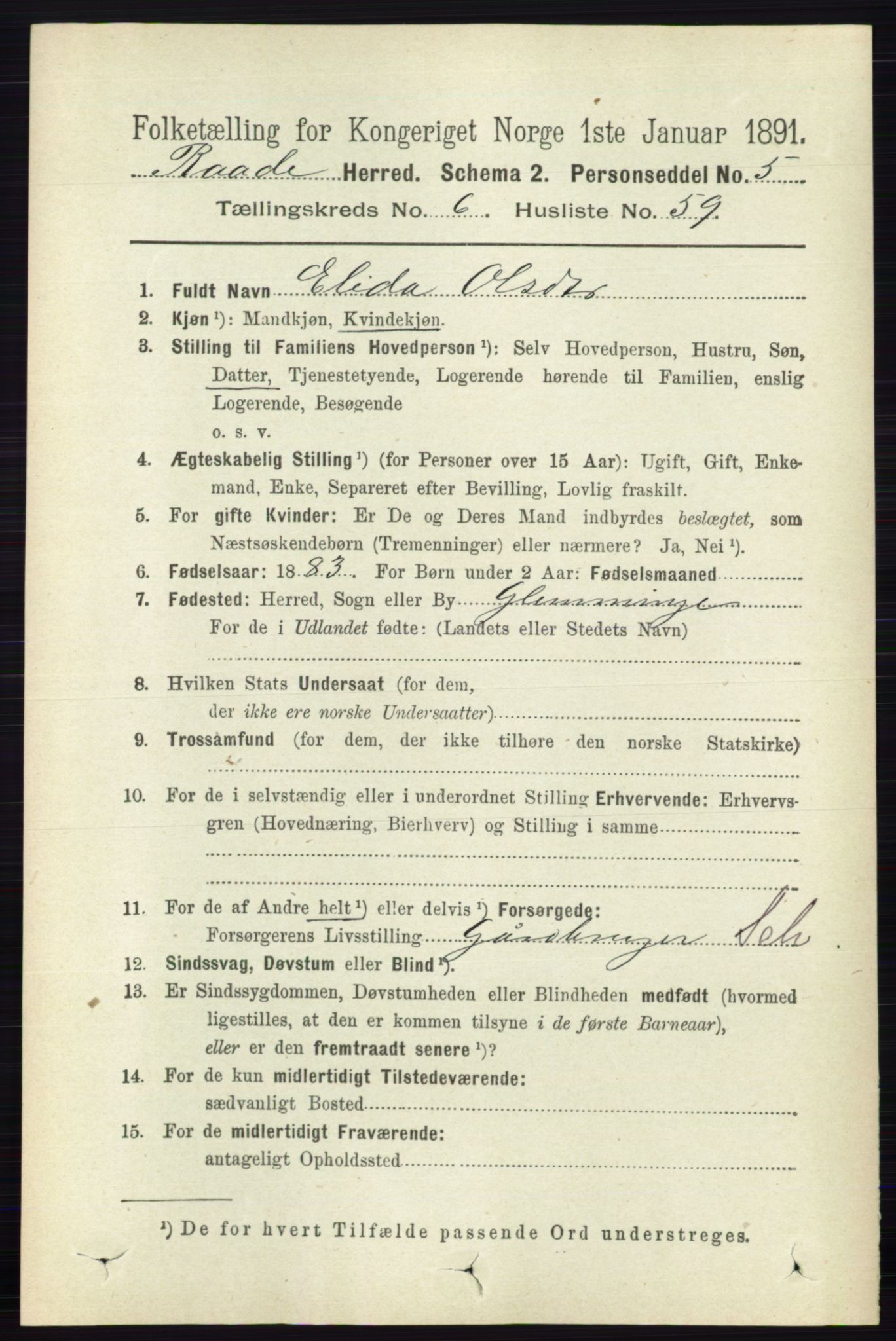 RA, 1891 census for 0135 Råde, 1891, p. 3478