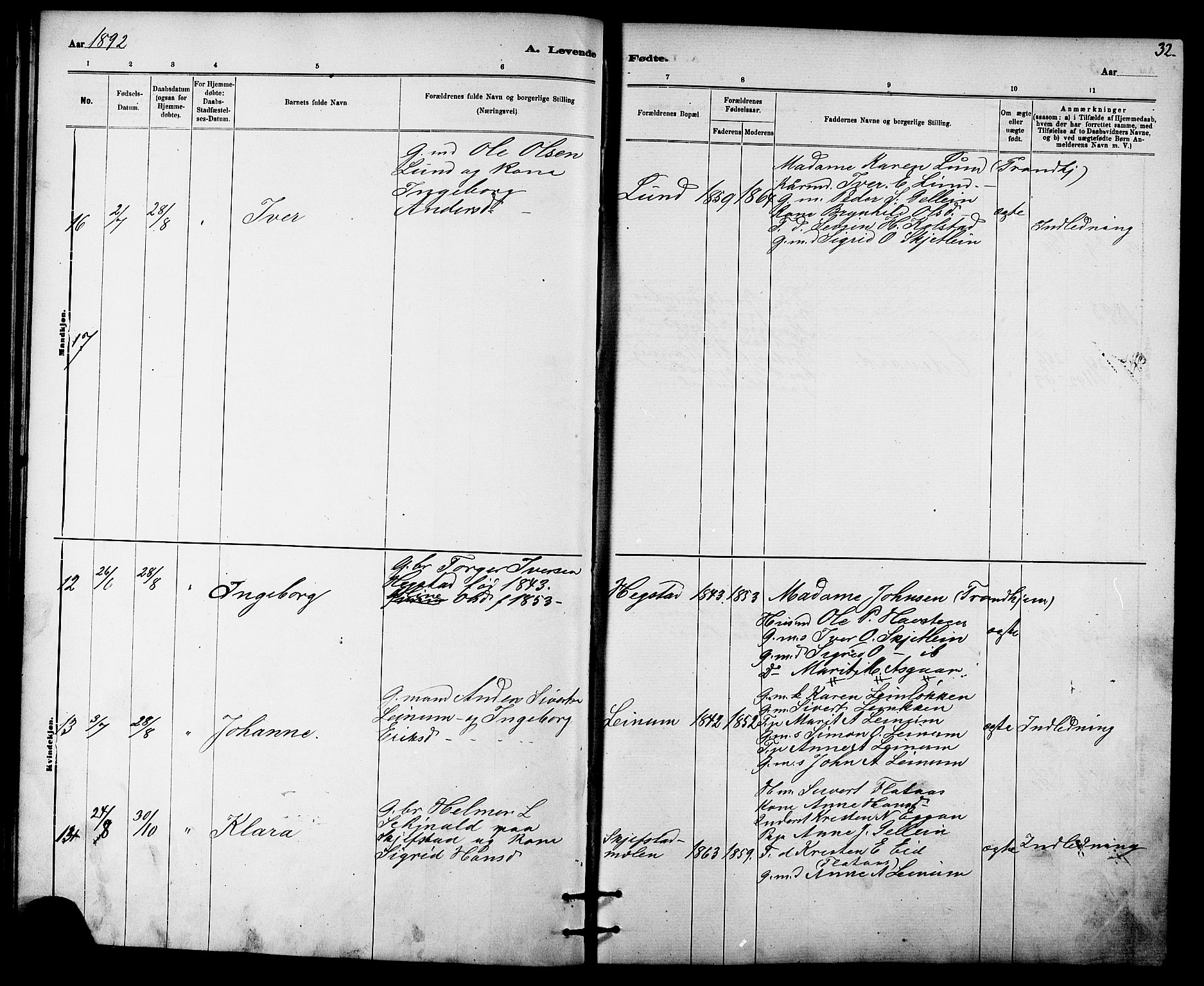 Ministerialprotokoller, klokkerbøker og fødselsregistre - Sør-Trøndelag, AV/SAT-A-1456/613/L0395: Parish register (copy) no. 613C03, 1887-1909, p. 32