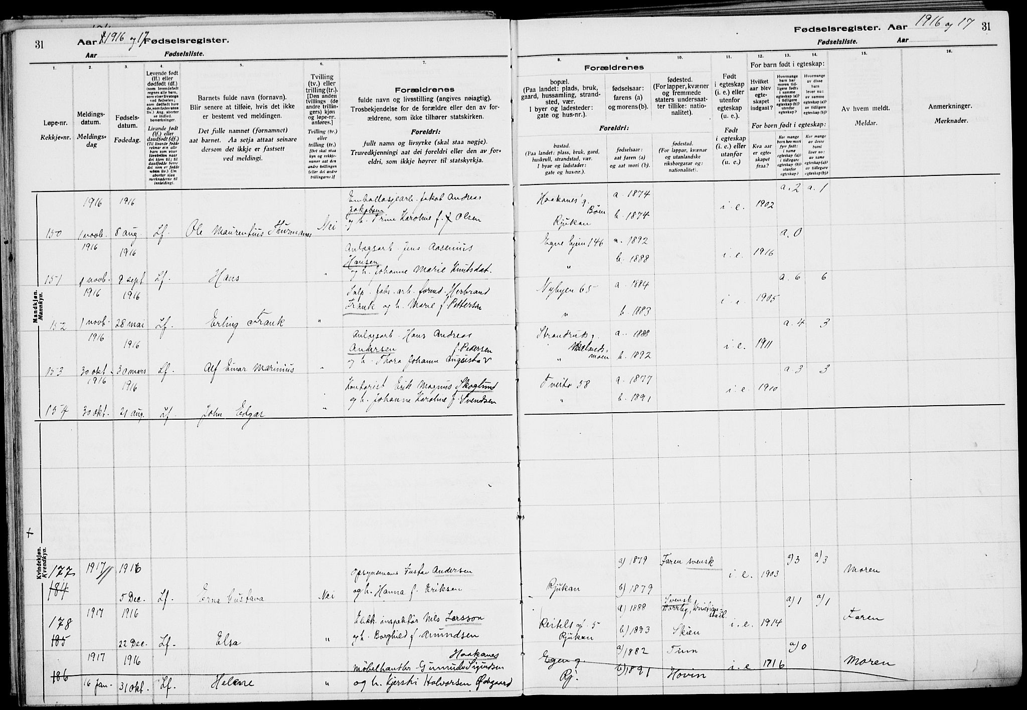 Rjukan kirkebøker, AV/SAKO-A-294/J/Ja/L0001: Birth register no. 1, 1916-1922, p. 31