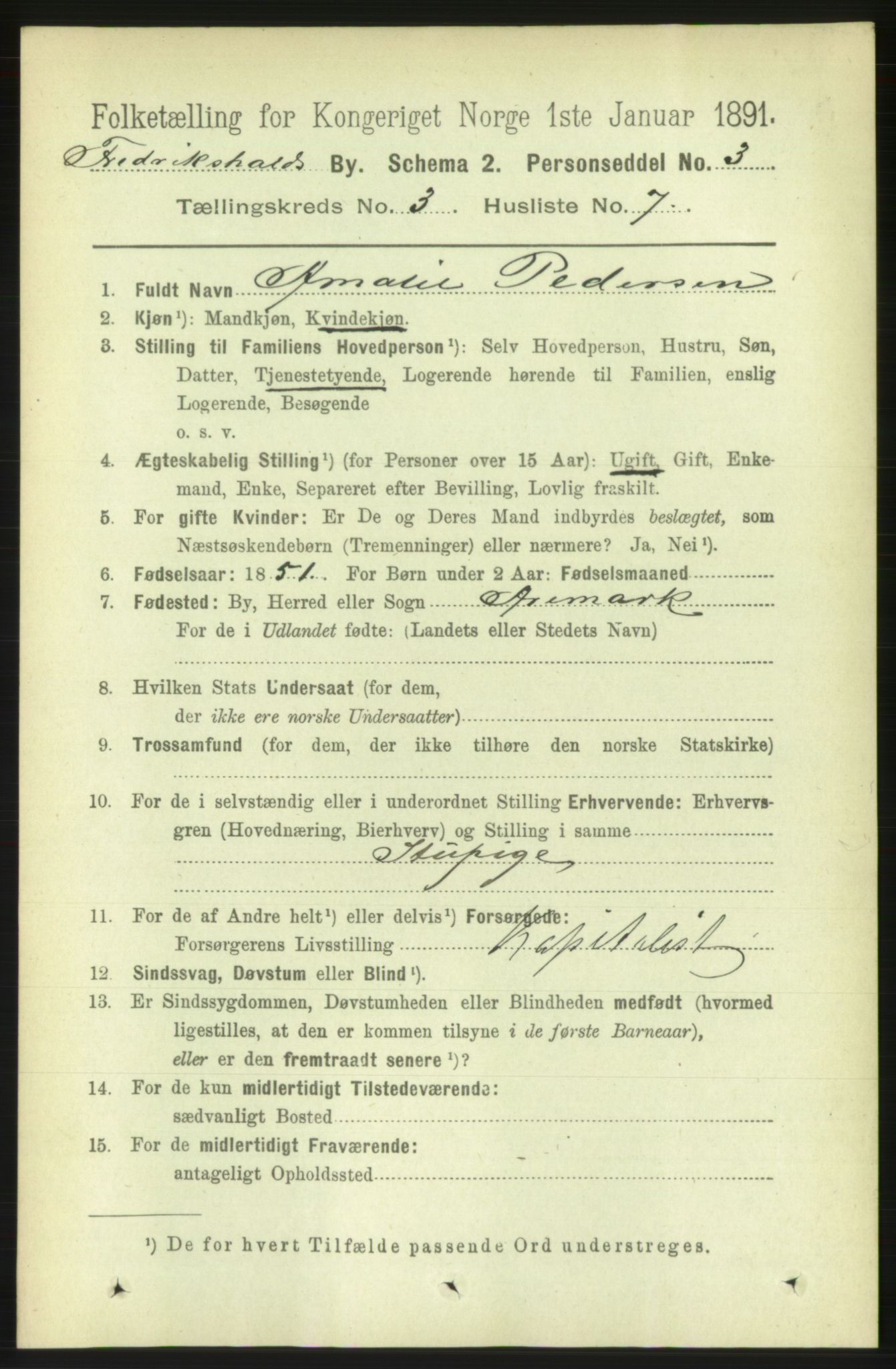 RA, 1891 census for 0101 Fredrikshald, 1891, p. 3330