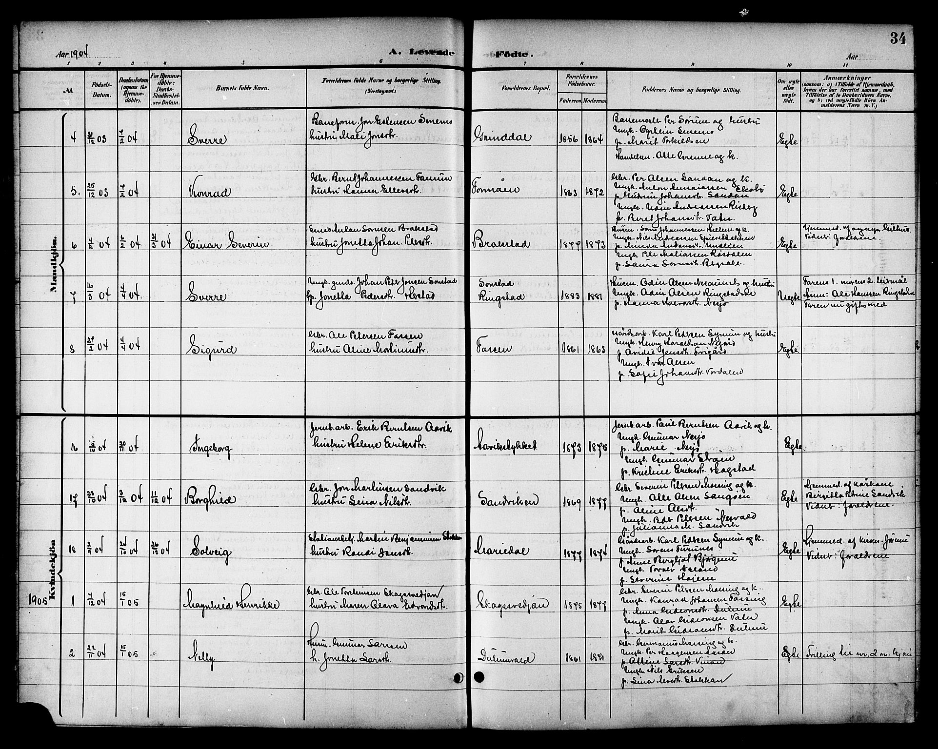 Ministerialprotokoller, klokkerbøker og fødselsregistre - Nord-Trøndelag, SAT/A-1458/714/L0135: Parish register (copy) no. 714C04, 1899-1918, p. 34