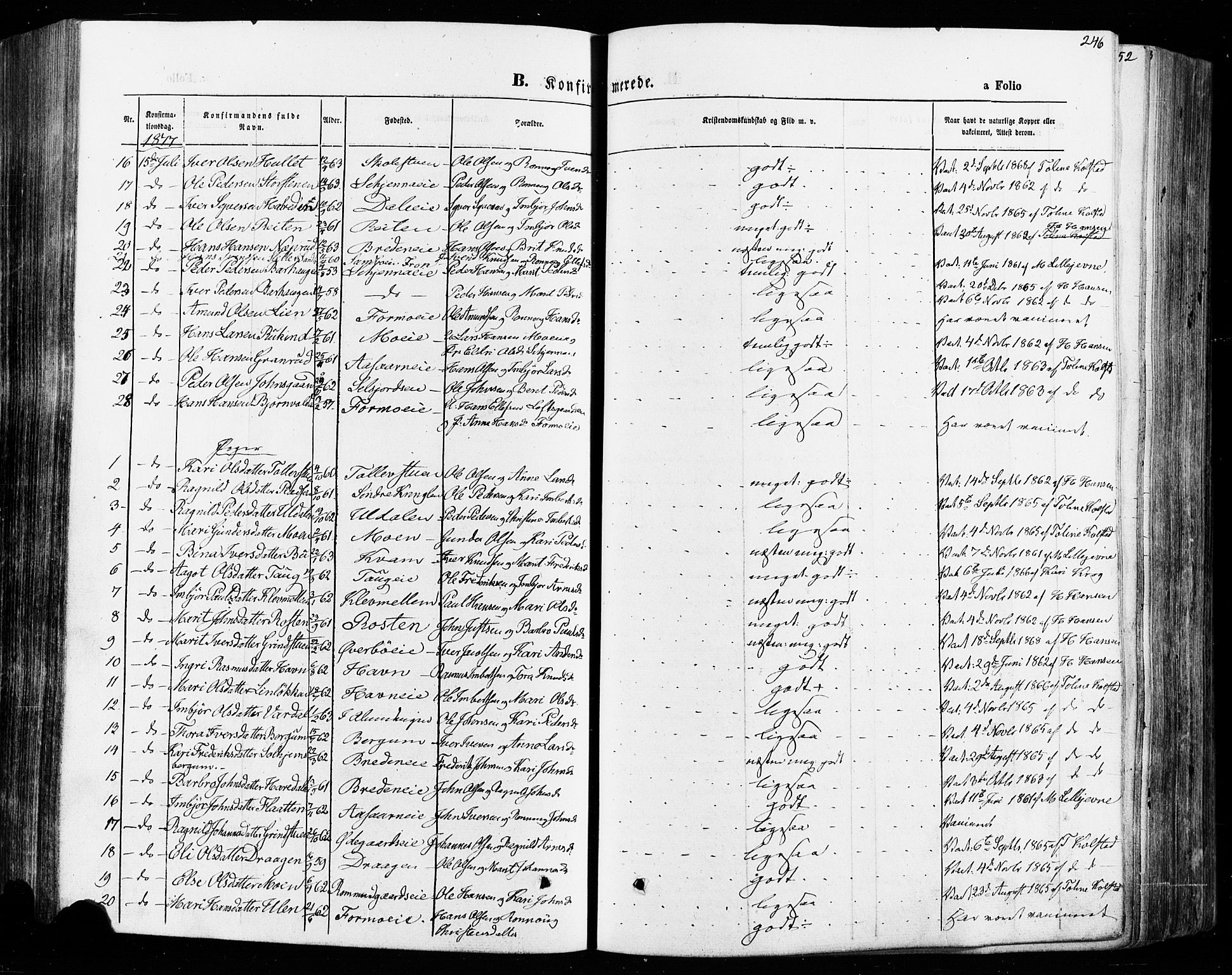 Vågå prestekontor, SAH/PREST-076/H/Ha/Haa/L0007: Parish register (official) no. 7 /1, 1872-1886, p. 246