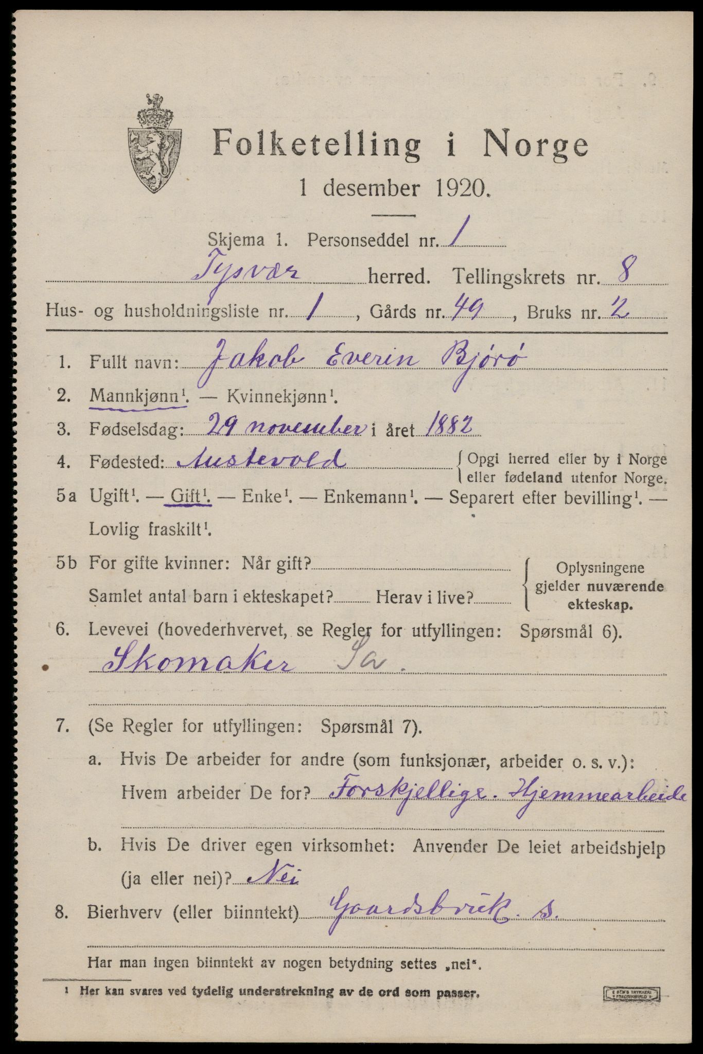 SAST, 1920 census for Tysvær, 1920, p. 3090