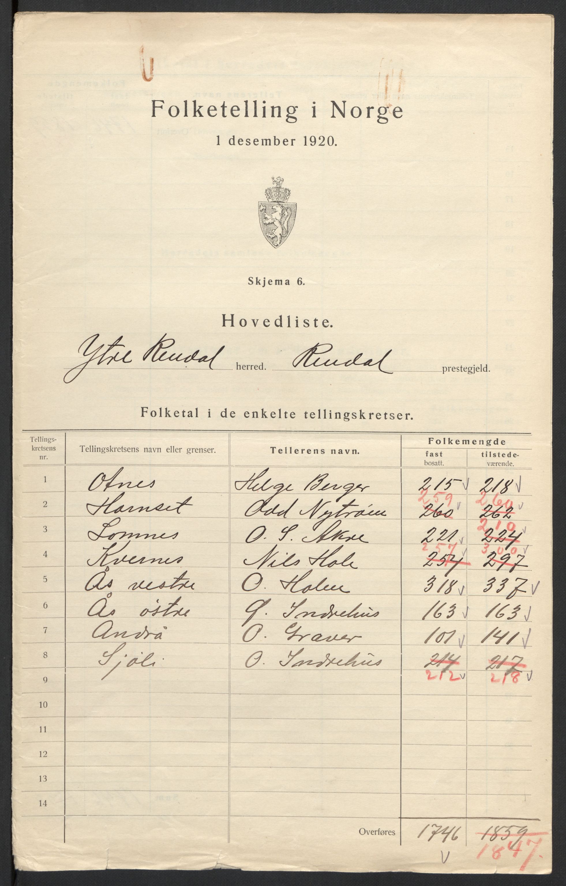 SAH, 1920 census for Ytre Rendal, 1920, p. 10