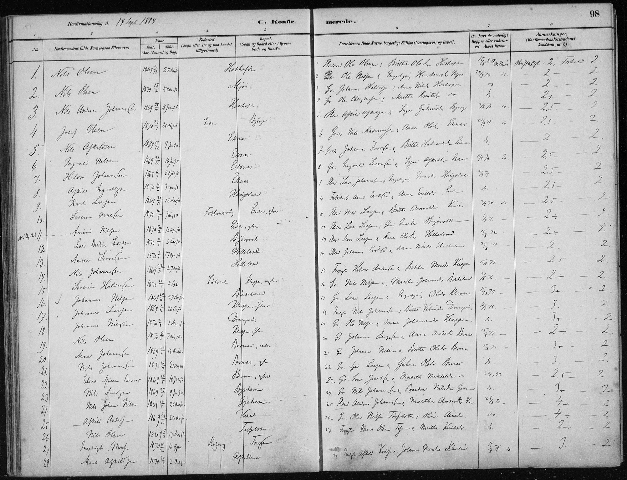 Hosanger sokneprestembete, AV/SAB-A-75801/H/Haa: Parish register (official) no. B  1, 1880-1896, p. 98