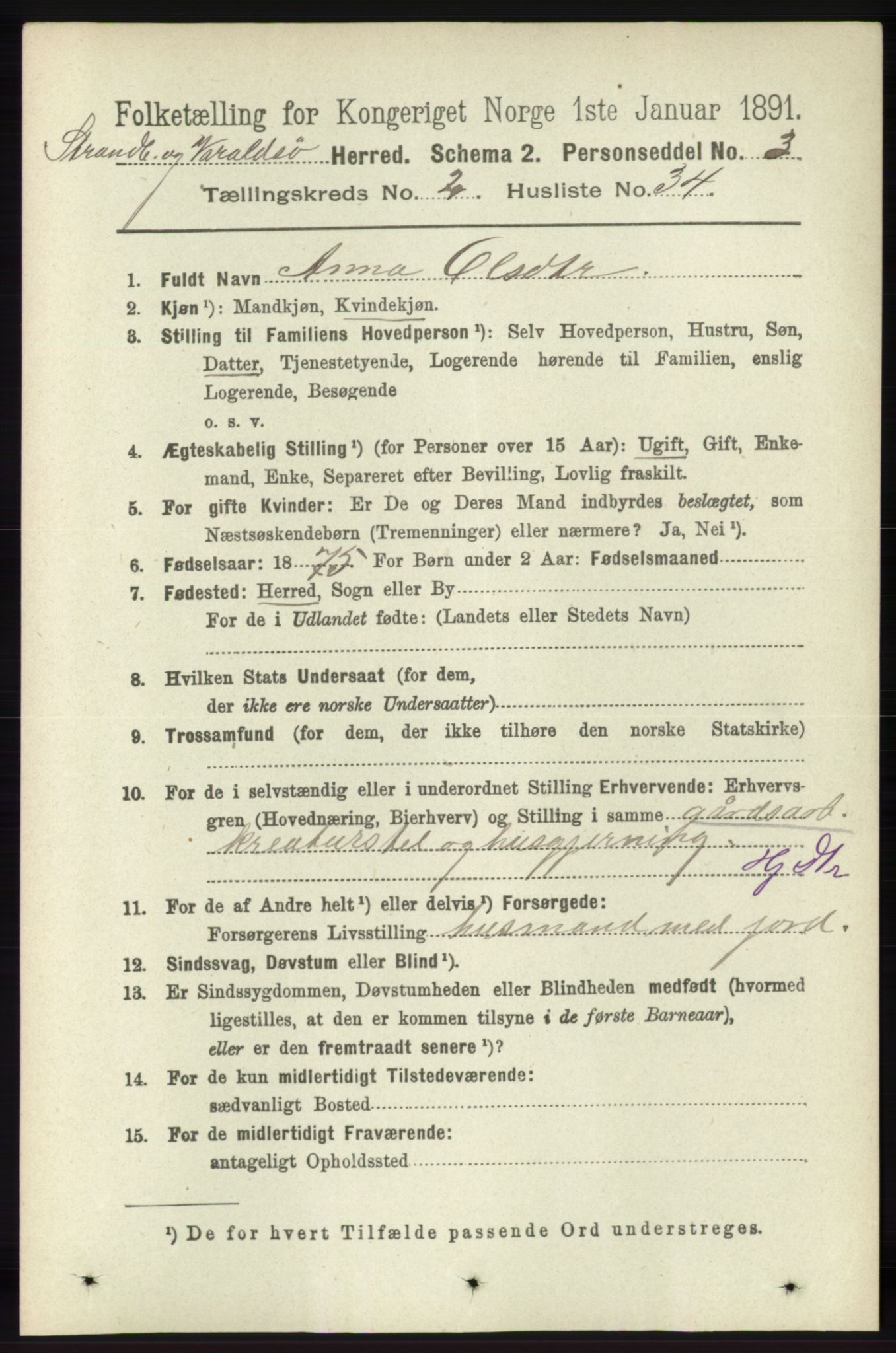 RA, 1891 census for 1226 Strandebarm og Varaldsøy, 1891, p. 823