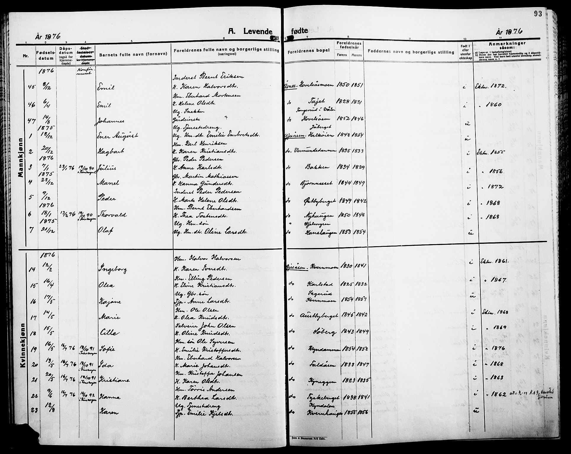 Åsnes prestekontor, AV/SAH-PREST-042/H/Ha/Haa/L0000B: Parish register (official), 1870-1889, p. 93