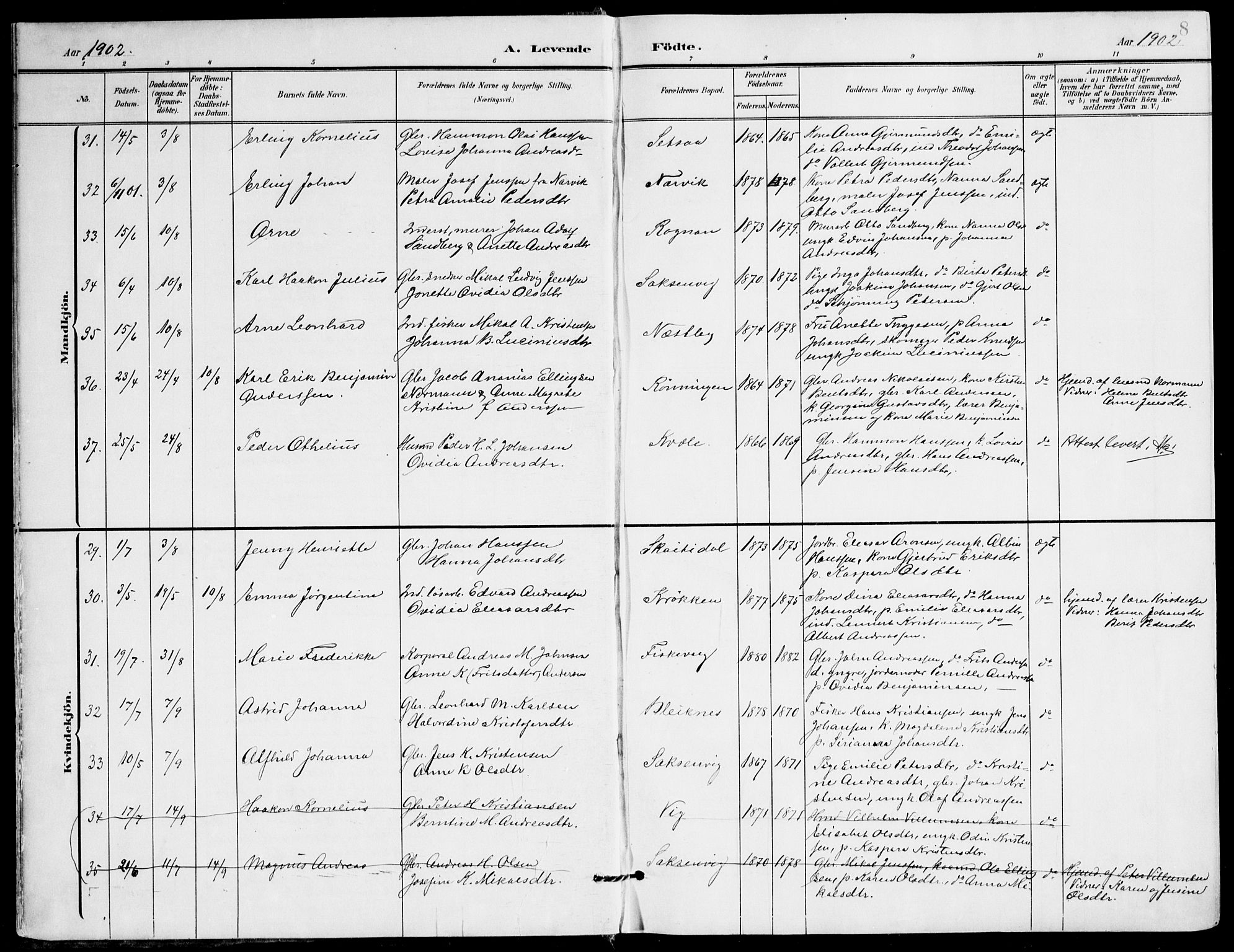 Ministerialprotokoller, klokkerbøker og fødselsregistre - Nordland, AV/SAT-A-1459/847/L0672: Parish register (official) no. 847A12, 1902-1919, p. 8