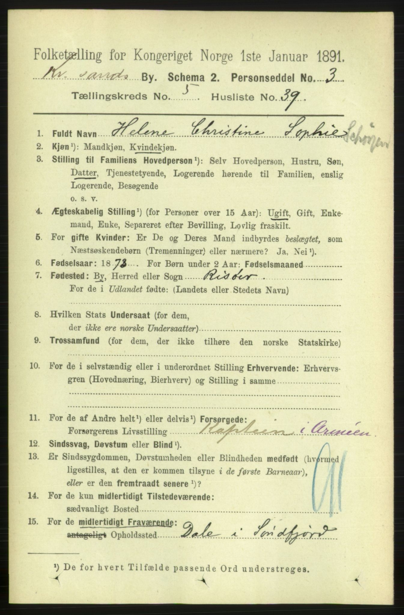 RA, 1891 census for 1001 Kristiansand, 1891, p. 4351