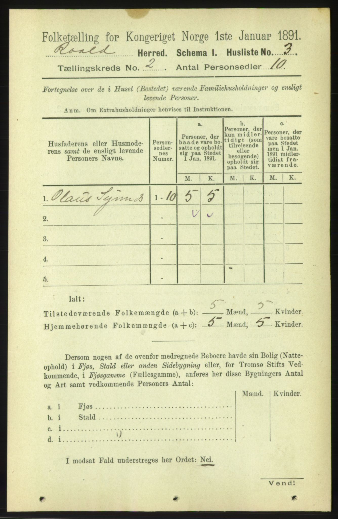 RA, 1891 census for 1533 Roald, 1891, p. 571