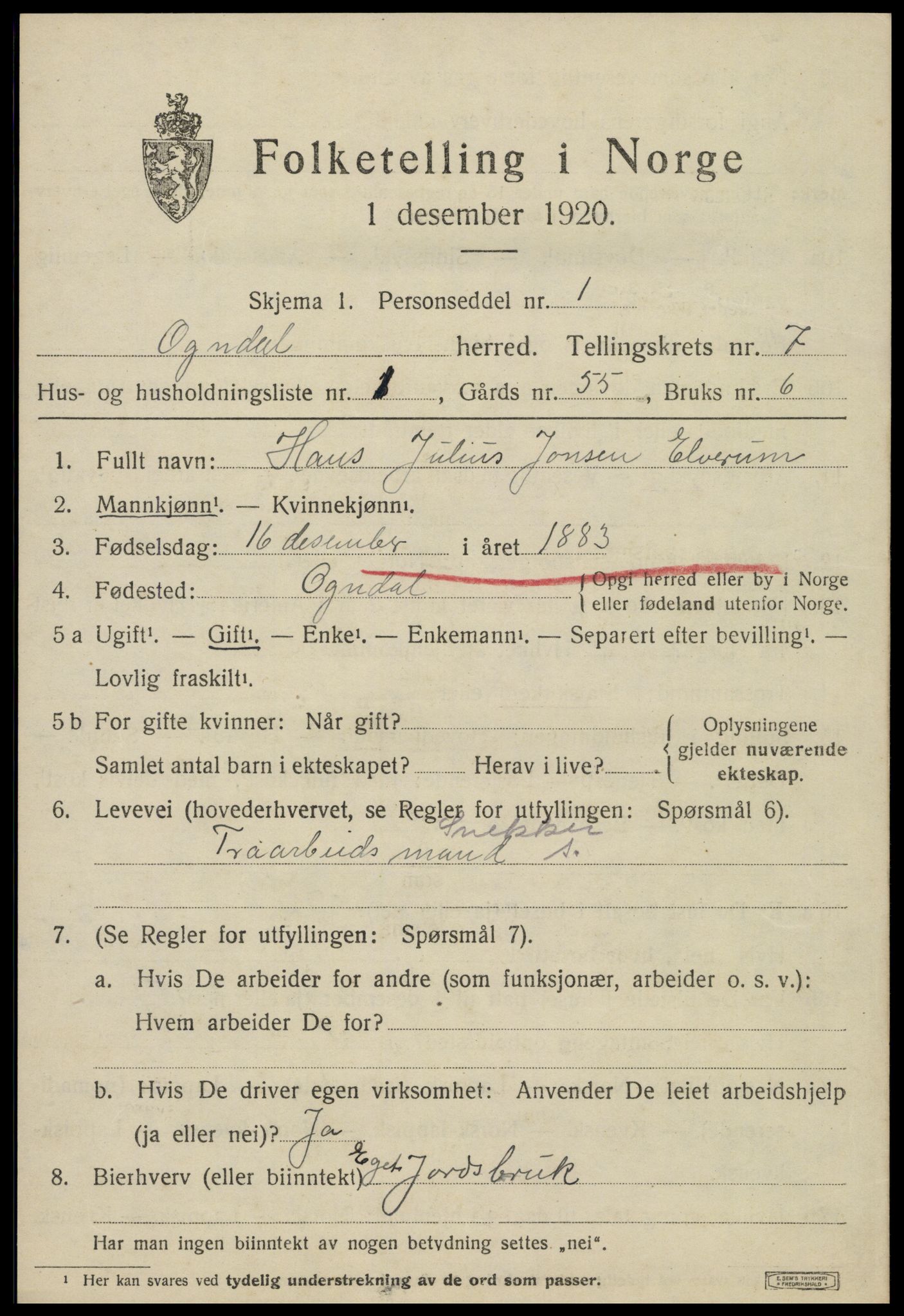 SAT, 1920 census for Ogndal, 1920, p. 2651