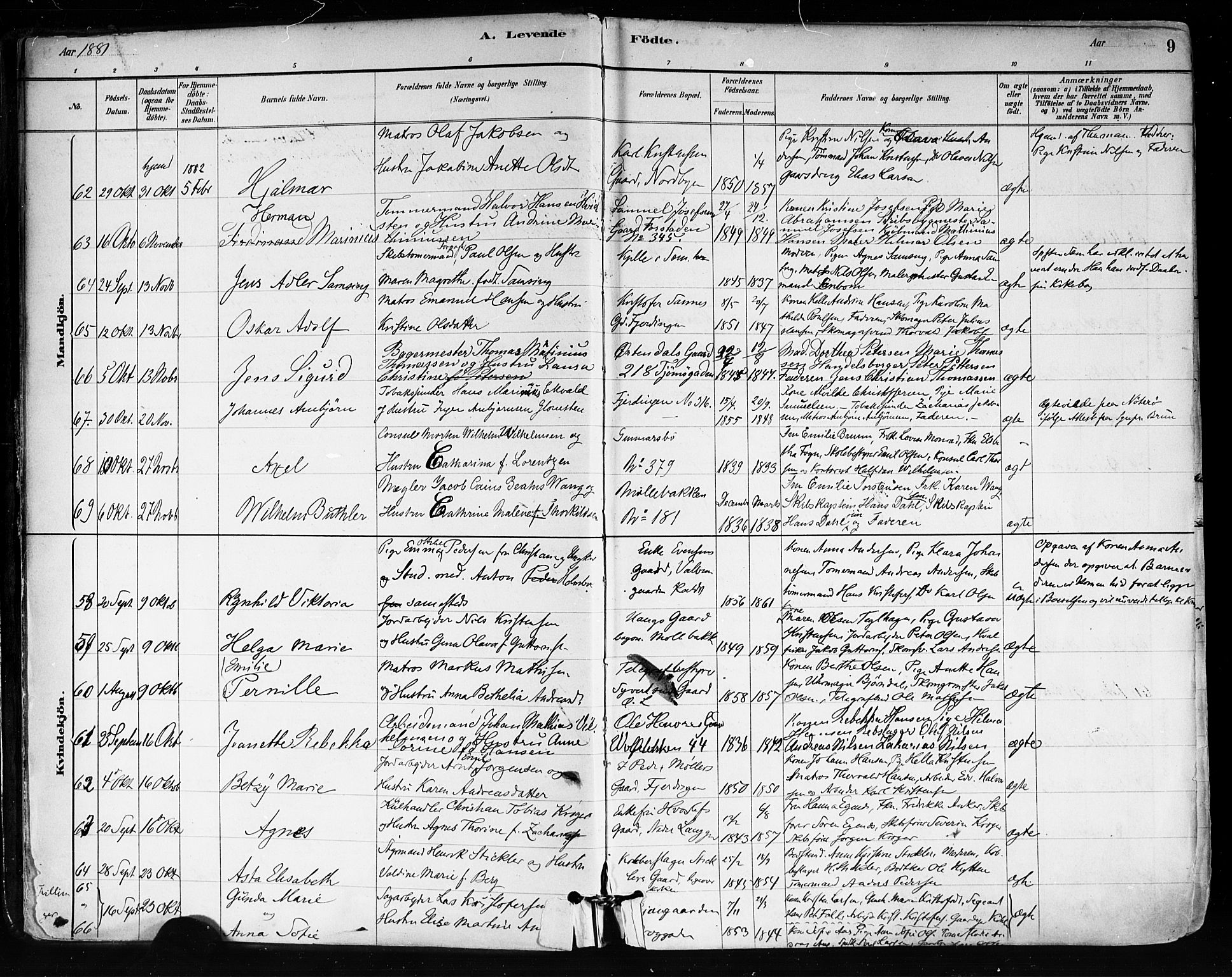 Tønsberg kirkebøker, AV/SAKO-A-330/F/Fa/L0011: Parish register (official) no. I 11, 1881-1890, p. 9