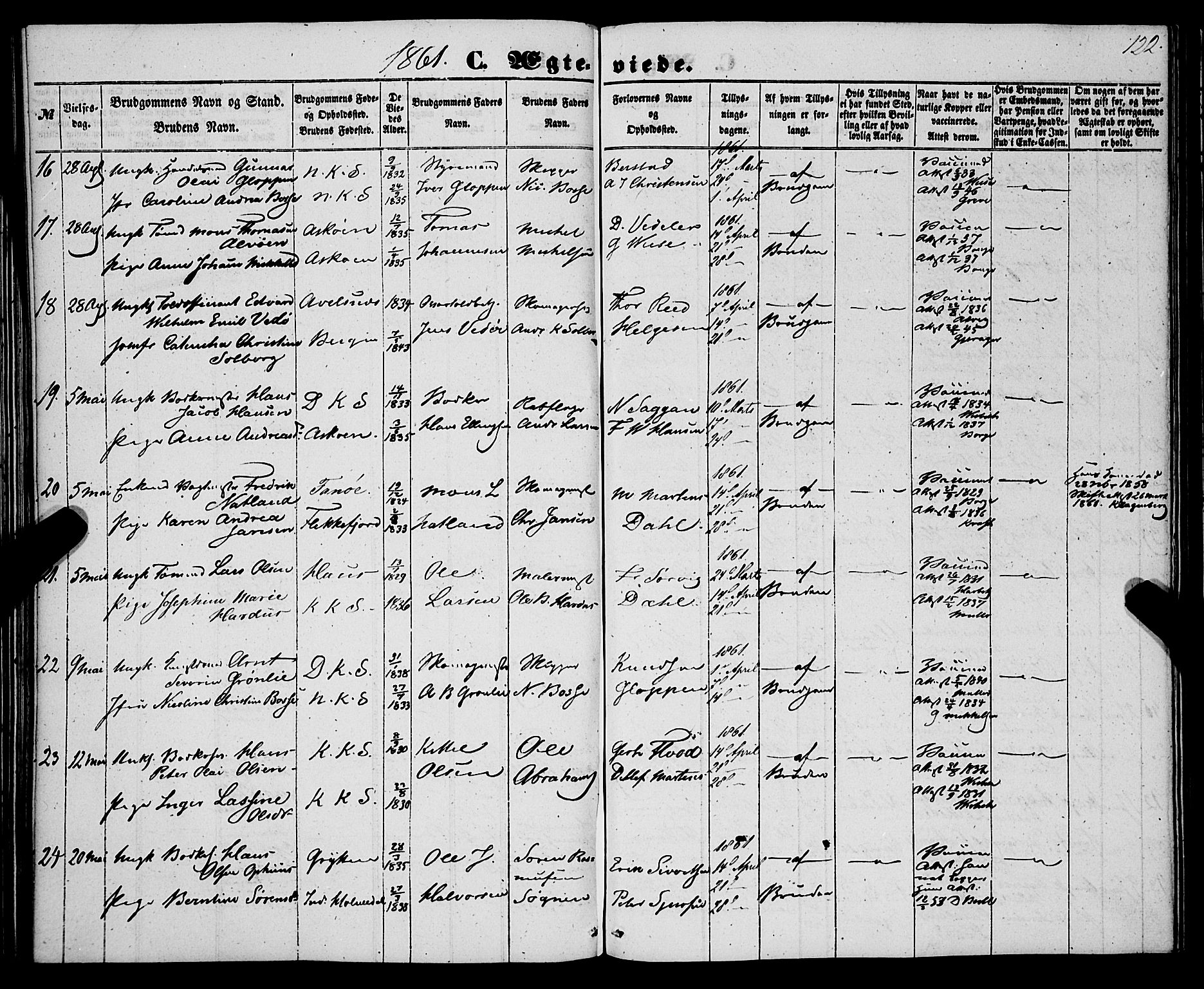 Korskirken sokneprestembete, SAB/A-76101/H/Haa/L0035: Parish register (official) no. D 2, 1852-1867, p. 122