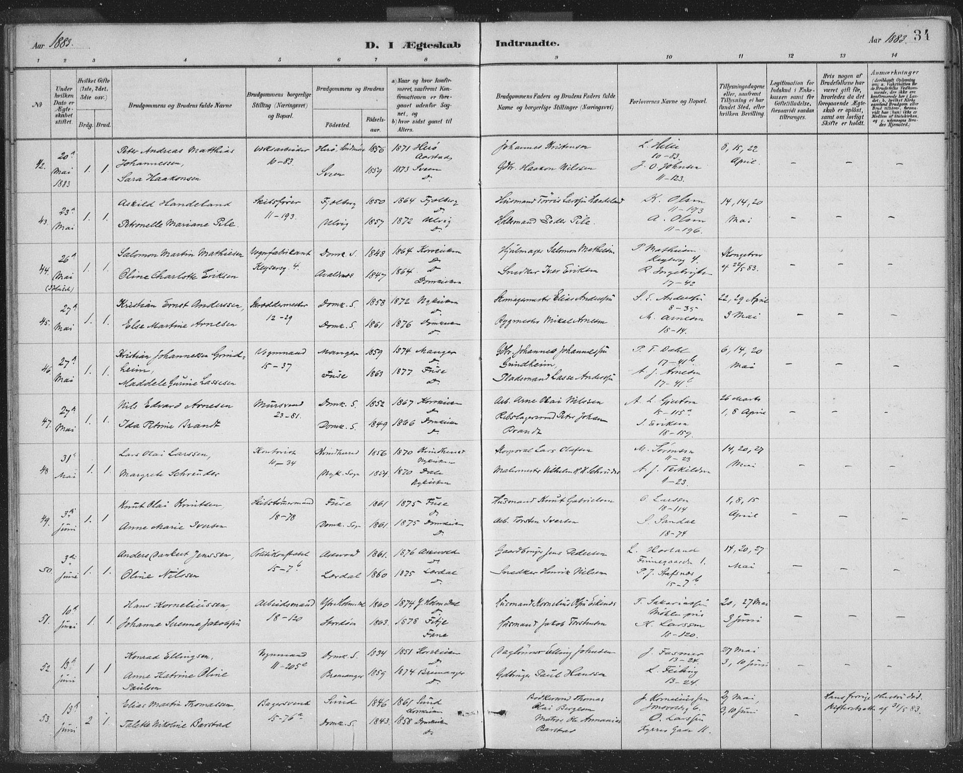 Domkirken sokneprestembete, AV/SAB-A-74801/H/Hab/L0032: Parish register (copy) no. D 4, 1880-1907, p. 34