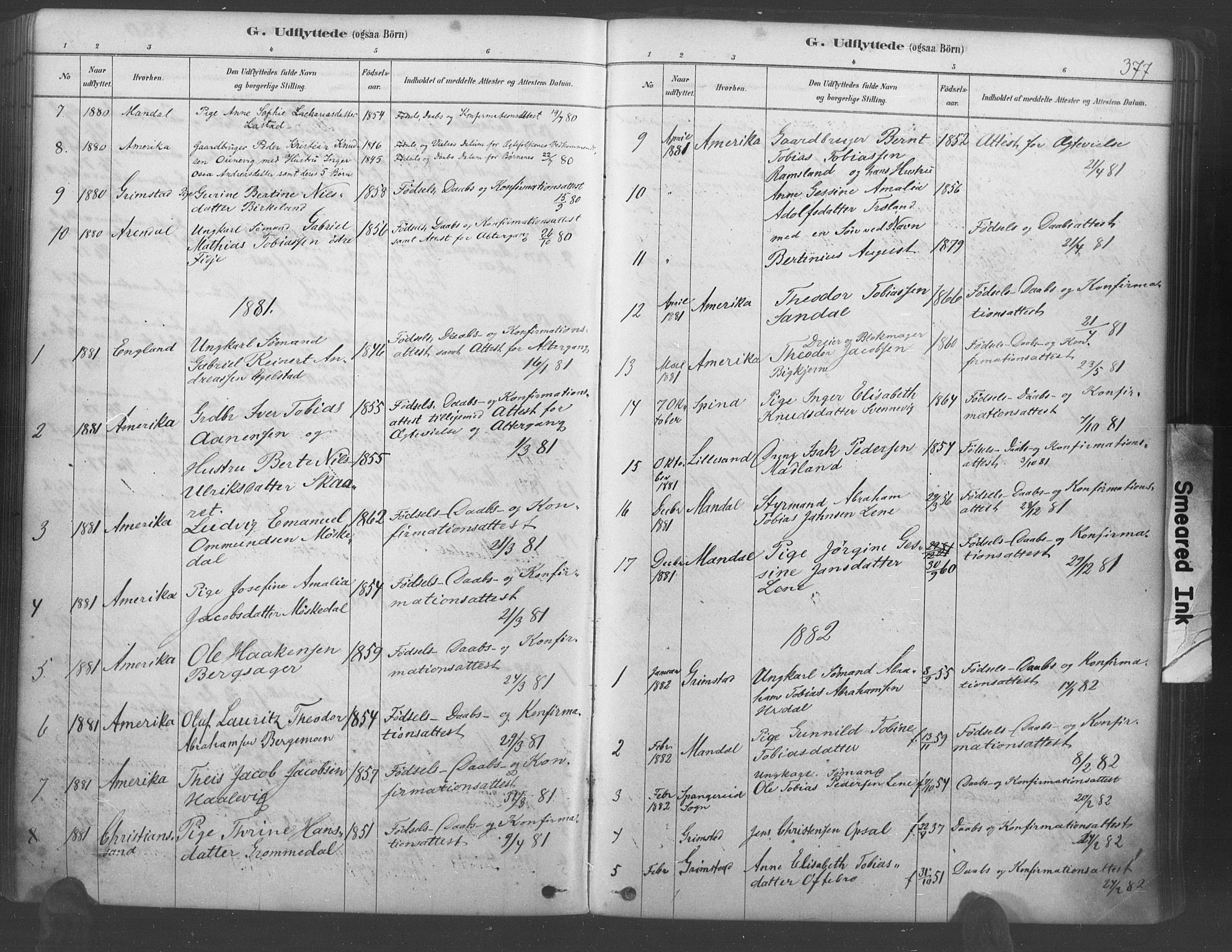 Lyngdal sokneprestkontor, AV/SAK-1111-0029/F/Fa/Fac/L0011: Parish register (official) no. A 11, 1878-1893, p. 377