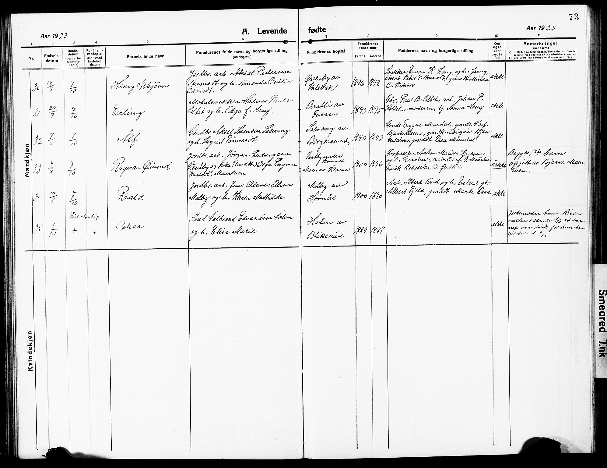 Høland prestekontor Kirkebøker, AV/SAO-A-10346a/G/Ga/L0008: Parish register (copy) no. I 8, 1915-1929, p. 73