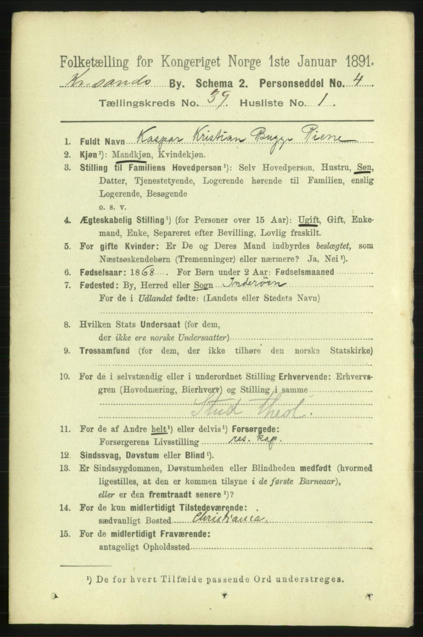 RA, 1891 census for 1001 Kristiansand, 1891, p. 12299