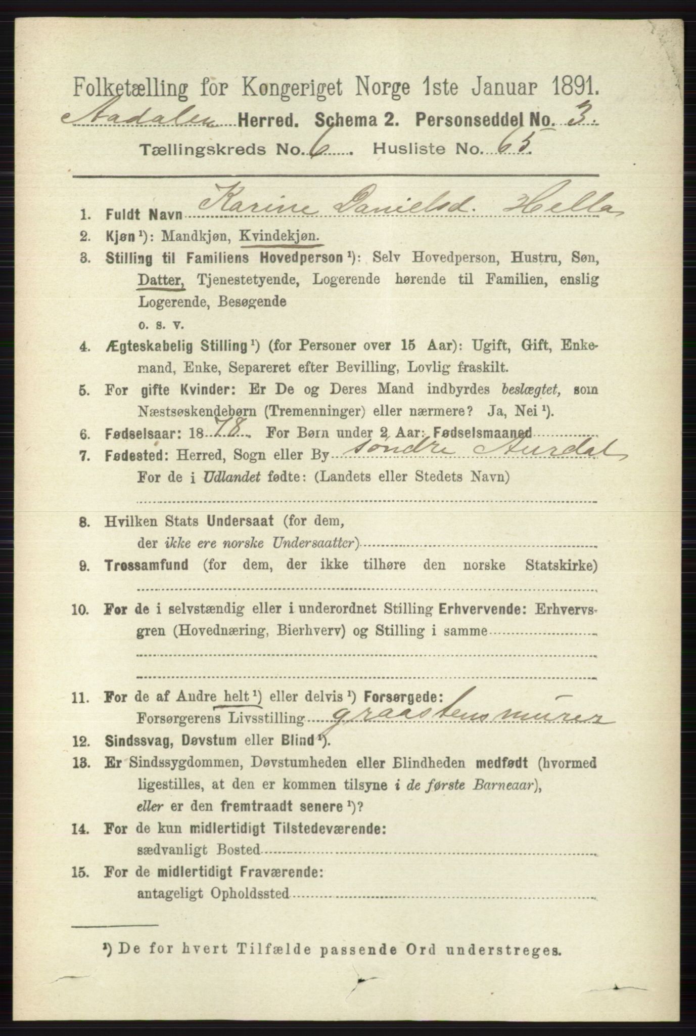 RA, 1891 census for 0614 Ådal, 1891, p. 3002