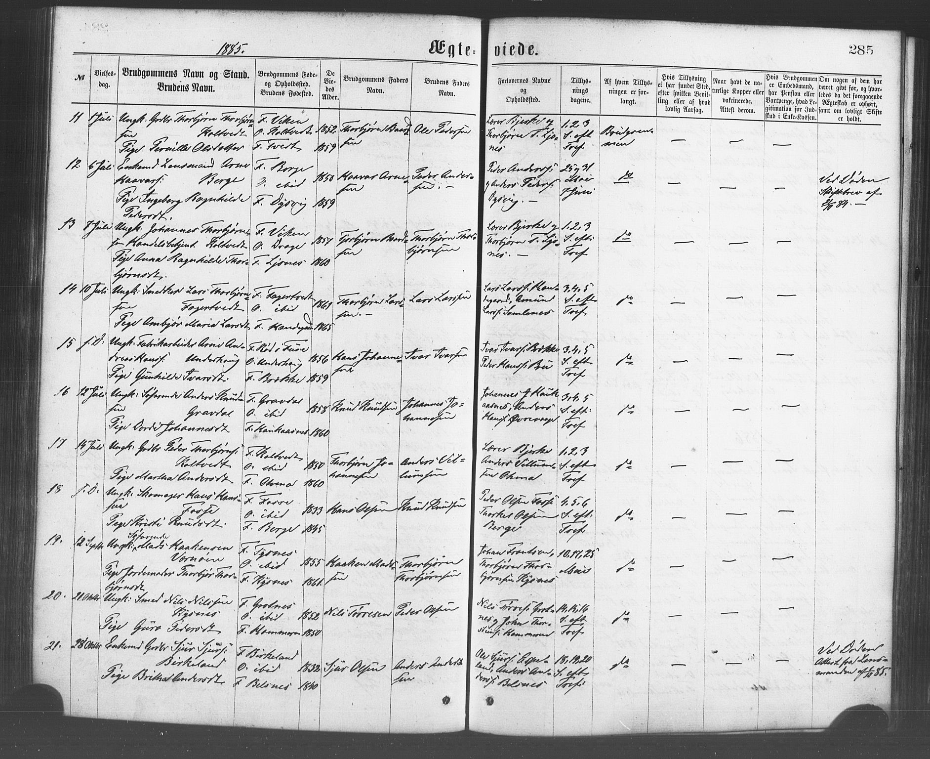 Strandebarm sokneprestembete, AV/SAB-A-78401/H/Haa: Parish register (official) no. A 9, 1872-1886, p. 285