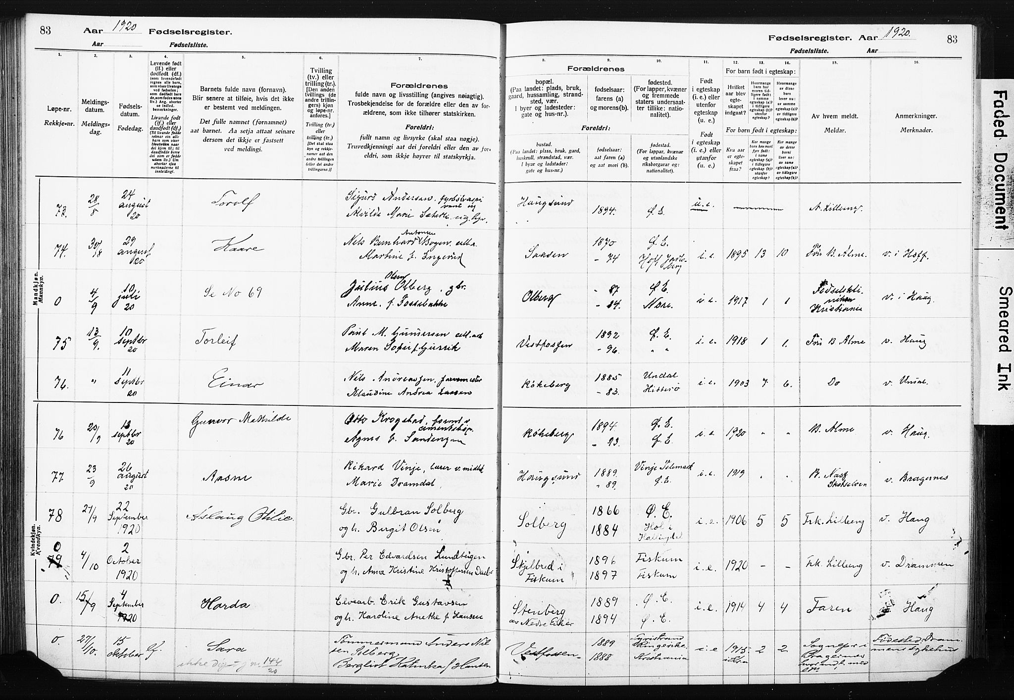Eiker kirkebøker, SAKO/A-4/J/Ja/L0001: Birth register no. 1, 1916-1927, p. 83