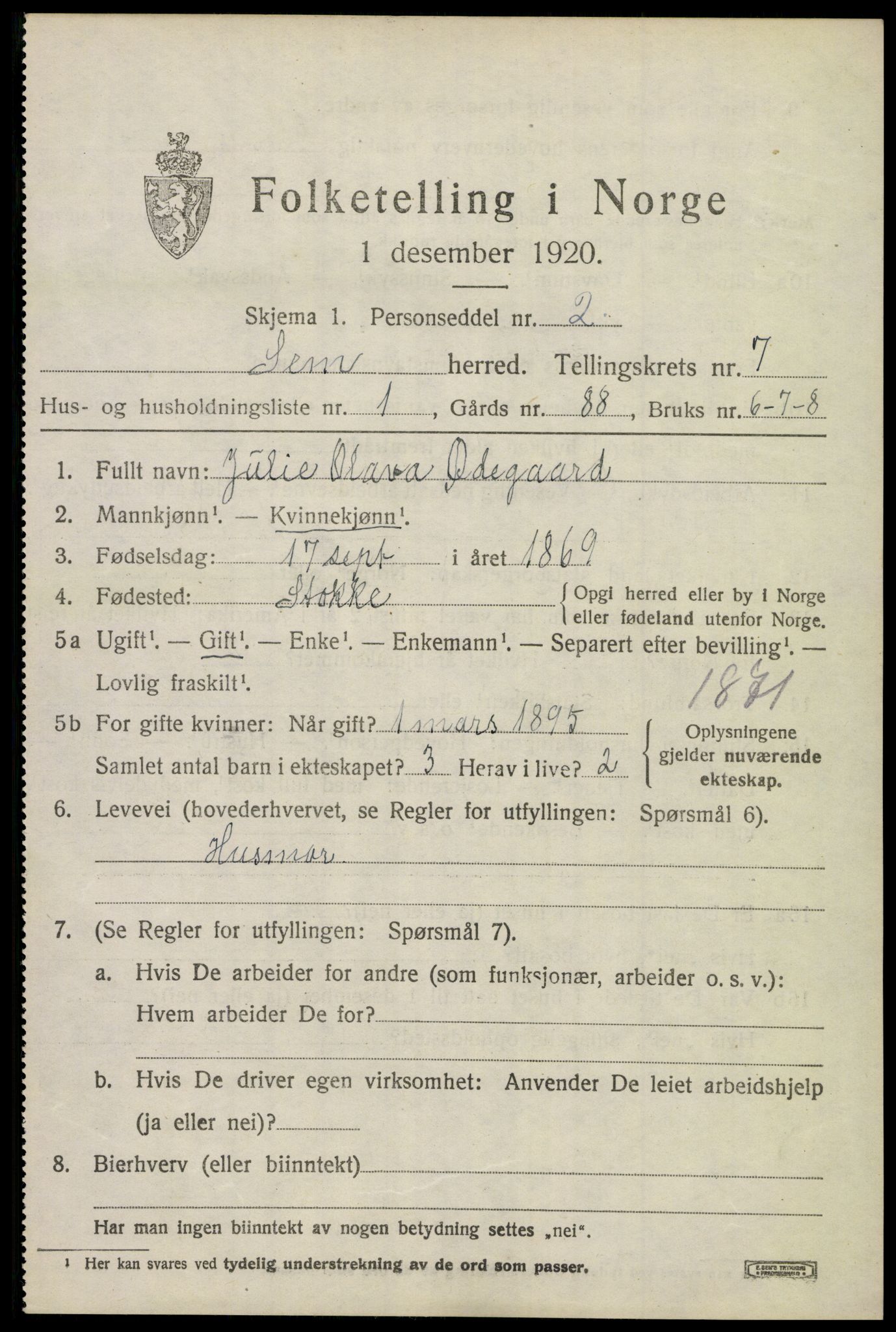 SAKO, 1920 census for Sem, 1920, p. 10345