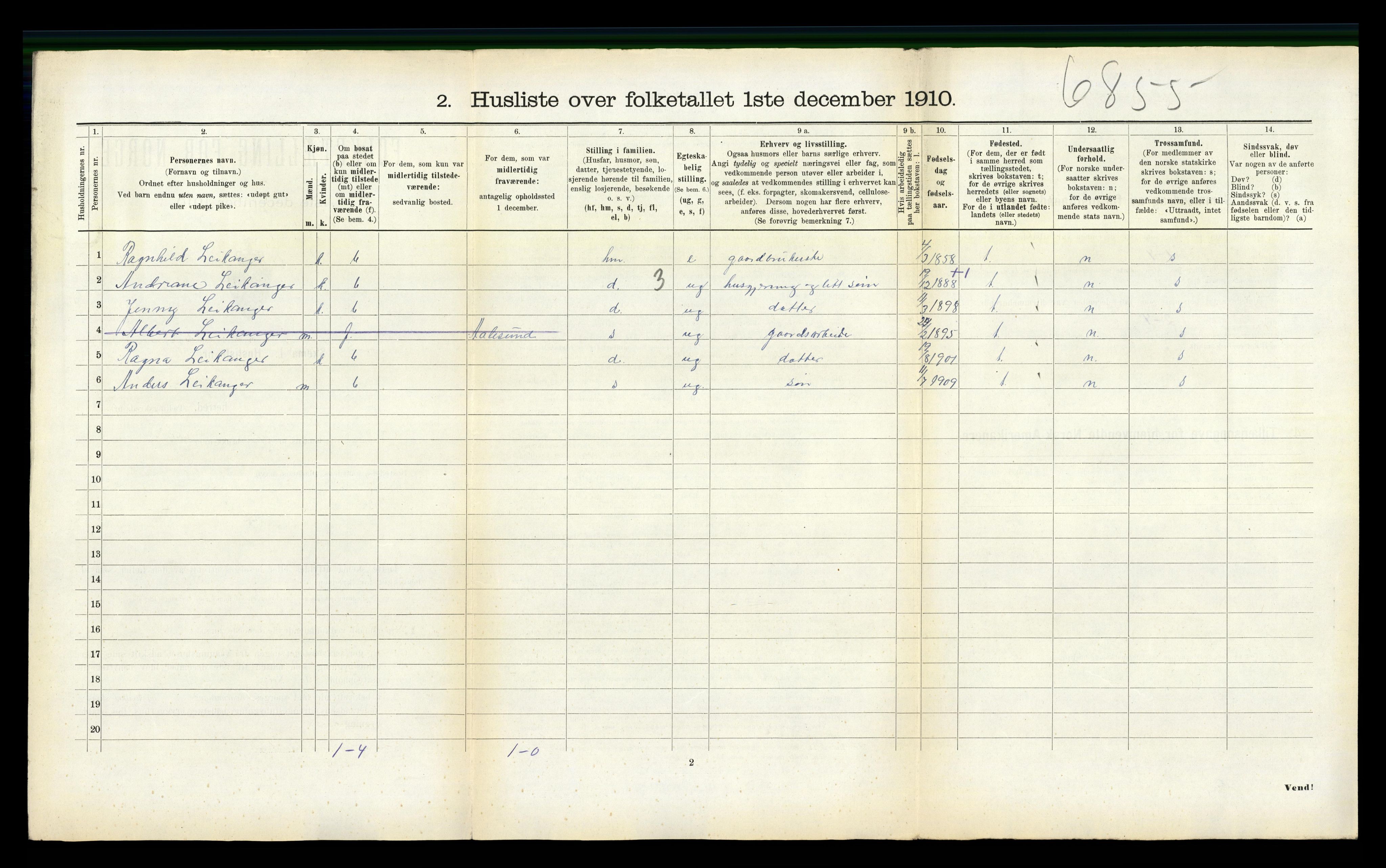 RA, 1910 census for Selje, 1910, p. 319