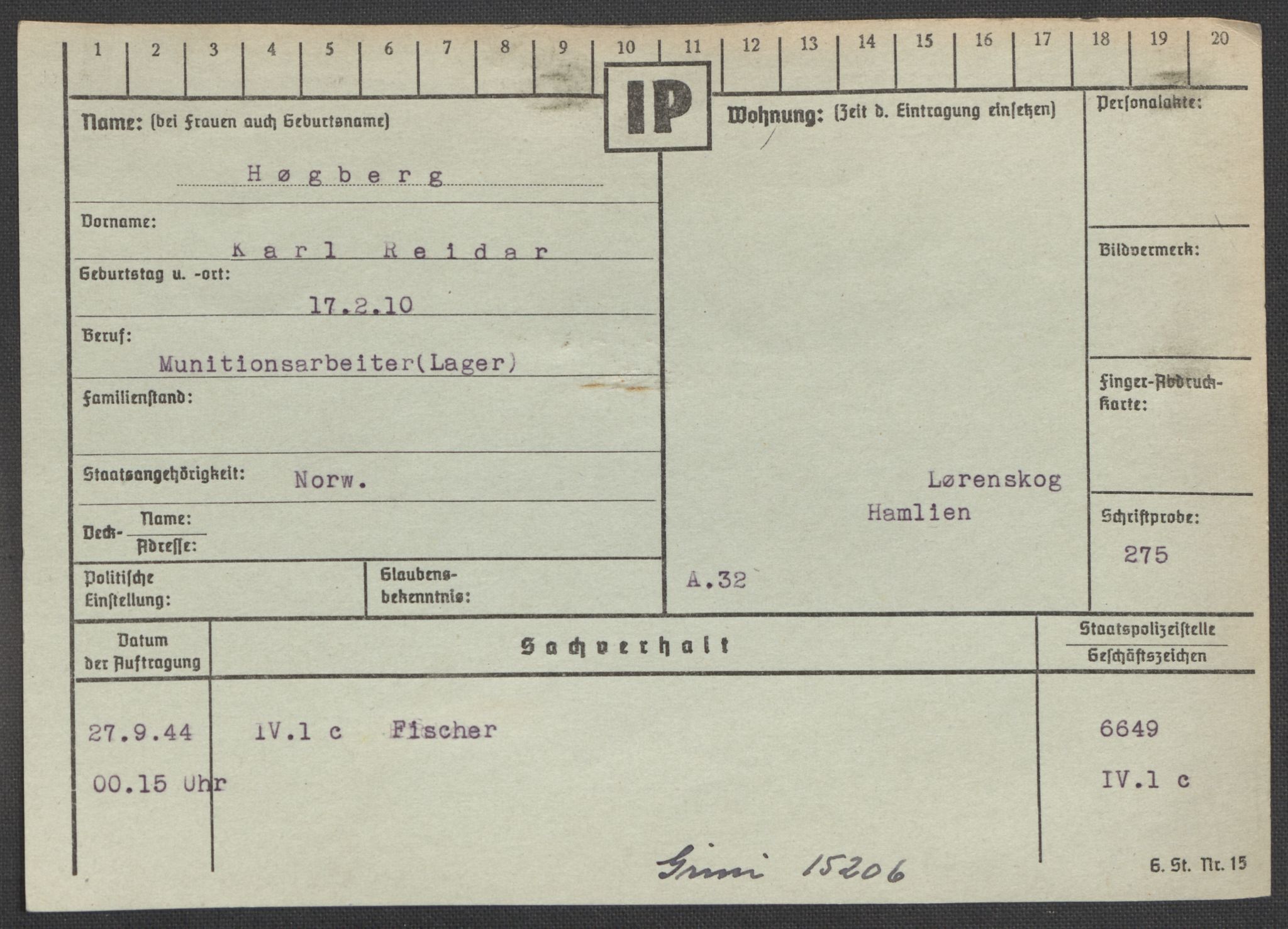 Befehlshaber der Sicherheitspolizei und des SD, AV/RA-RAFA-5969/E/Ea/Eaa/L0005: Register over norske fanger i Møllergata 19: Hø-Kj, 1940-1945, p. 8