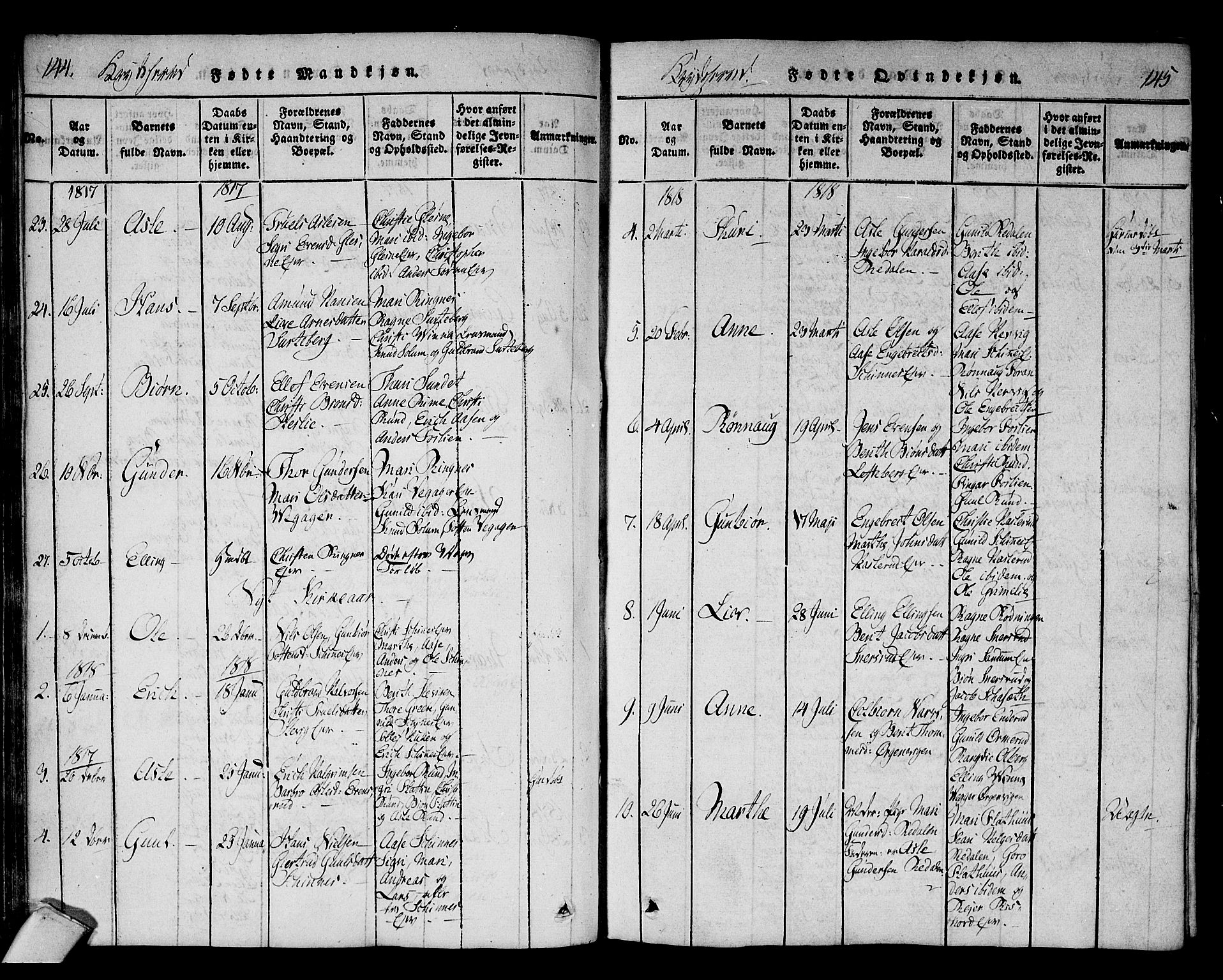 Sigdal kirkebøker, AV/SAKO-A-245/F/Fa/L0005: Parish register (official) no. I 5 /3, 1815-1829, p. 144-145