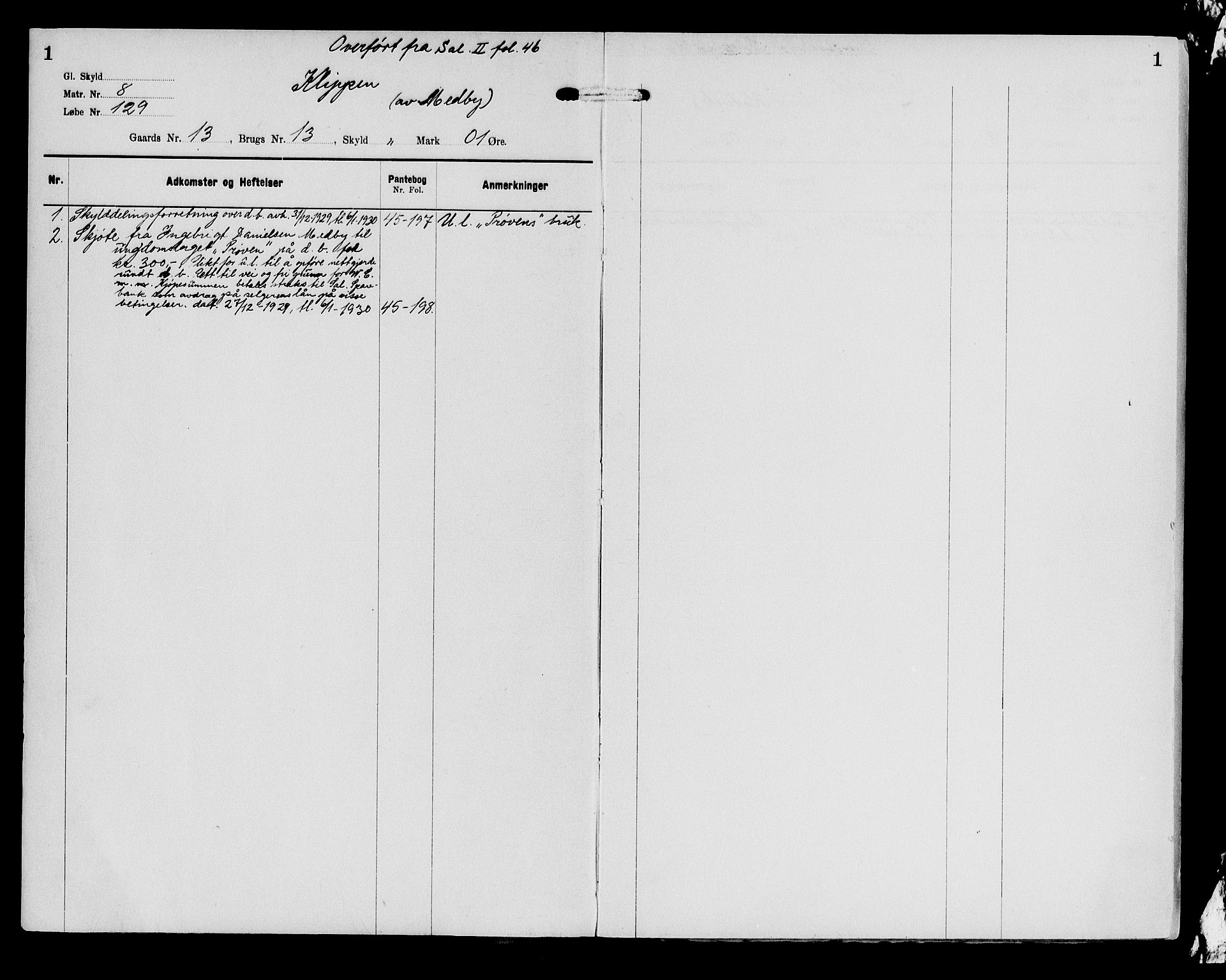 Senja sorenskriveri 1855-, SATØ/S-0048/1/H/Hb/L0029: Mortgage register no. 29, p. 1