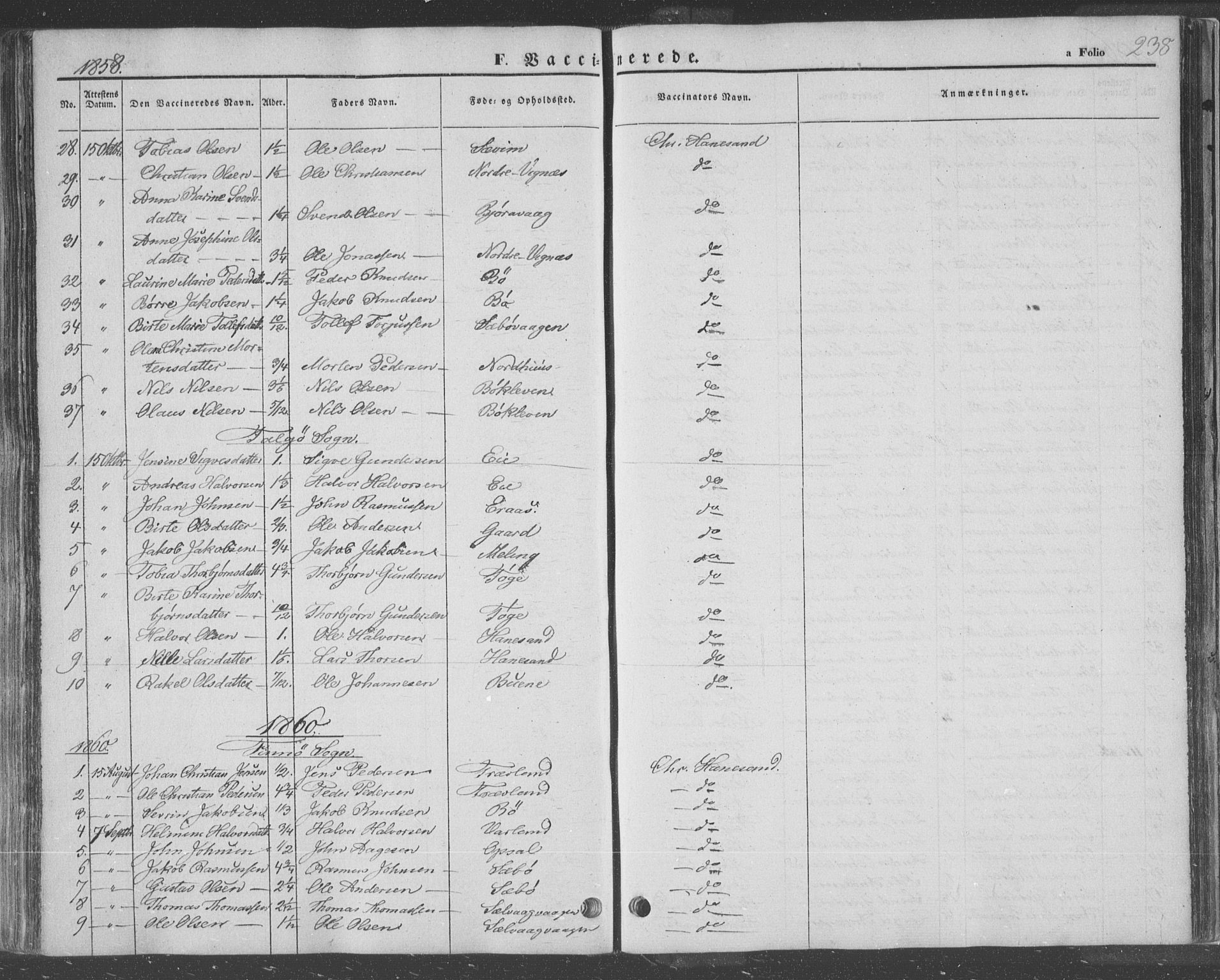 Finnøy sokneprestkontor, SAST/A-101825/H/Ha/Haa/L0007: Parish register (official) no. A 7, 1847-1862, p. 238