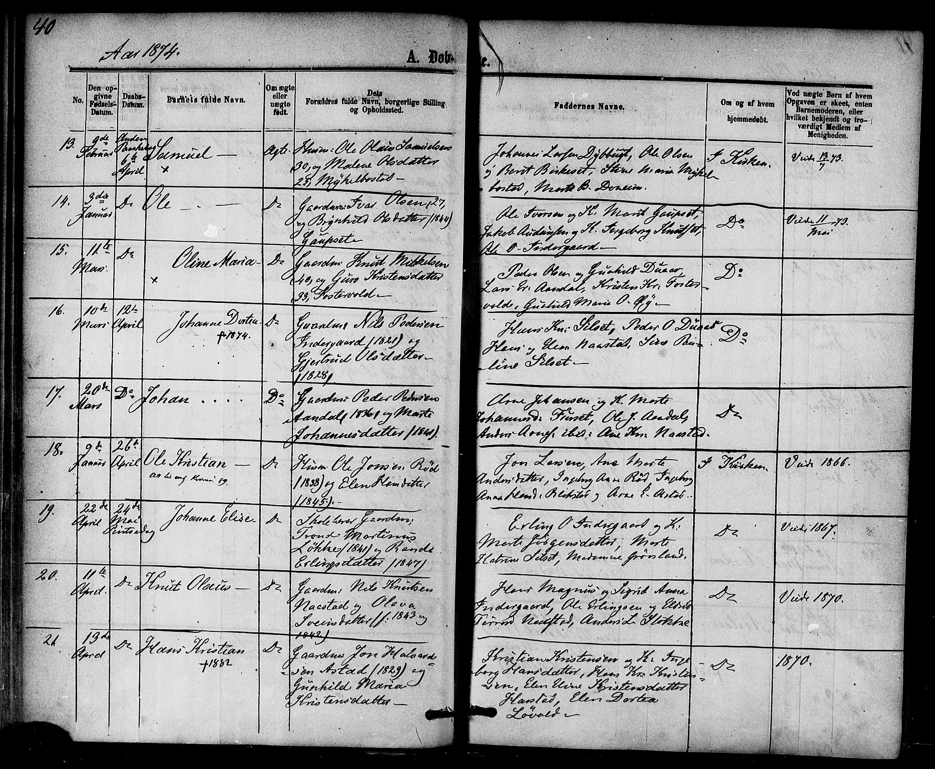 Ministerialprotokoller, klokkerbøker og fødselsregistre - Møre og Romsdal, AV/SAT-A-1454/584/L0966: Parish register (official) no. 584A06, 1869-1878, p. 40