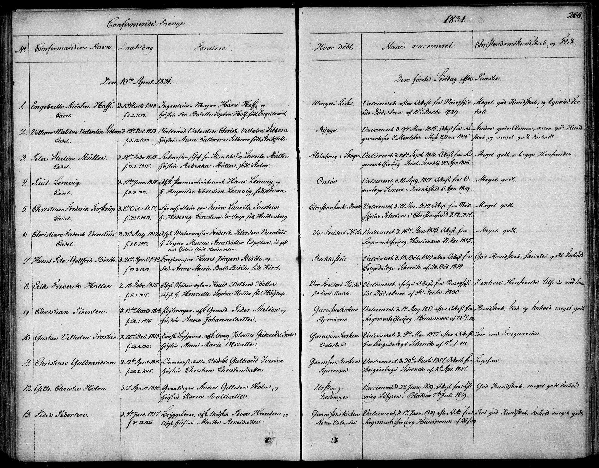 Garnisonsmenigheten Kirkebøker, SAO/A-10846/F/Fa/L0006: Parish register (official) no. 6, 1828-1841, p. 266