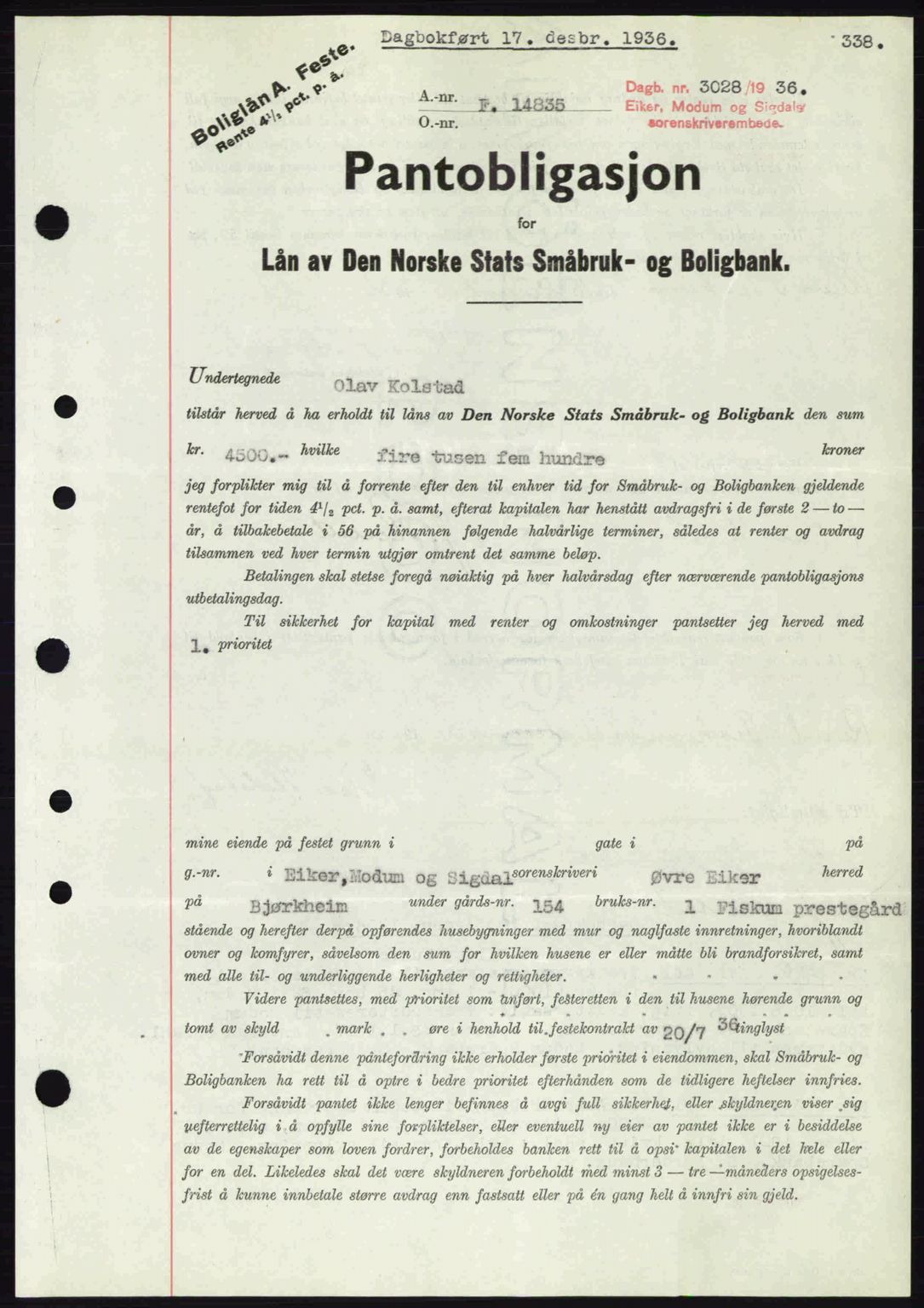 Eiker, Modum og Sigdal sorenskriveri, SAKO/A-123/G/Ga/Gab/L0034: Mortgage book no. A4, 1936-1937, Diary no: : 3028/1936