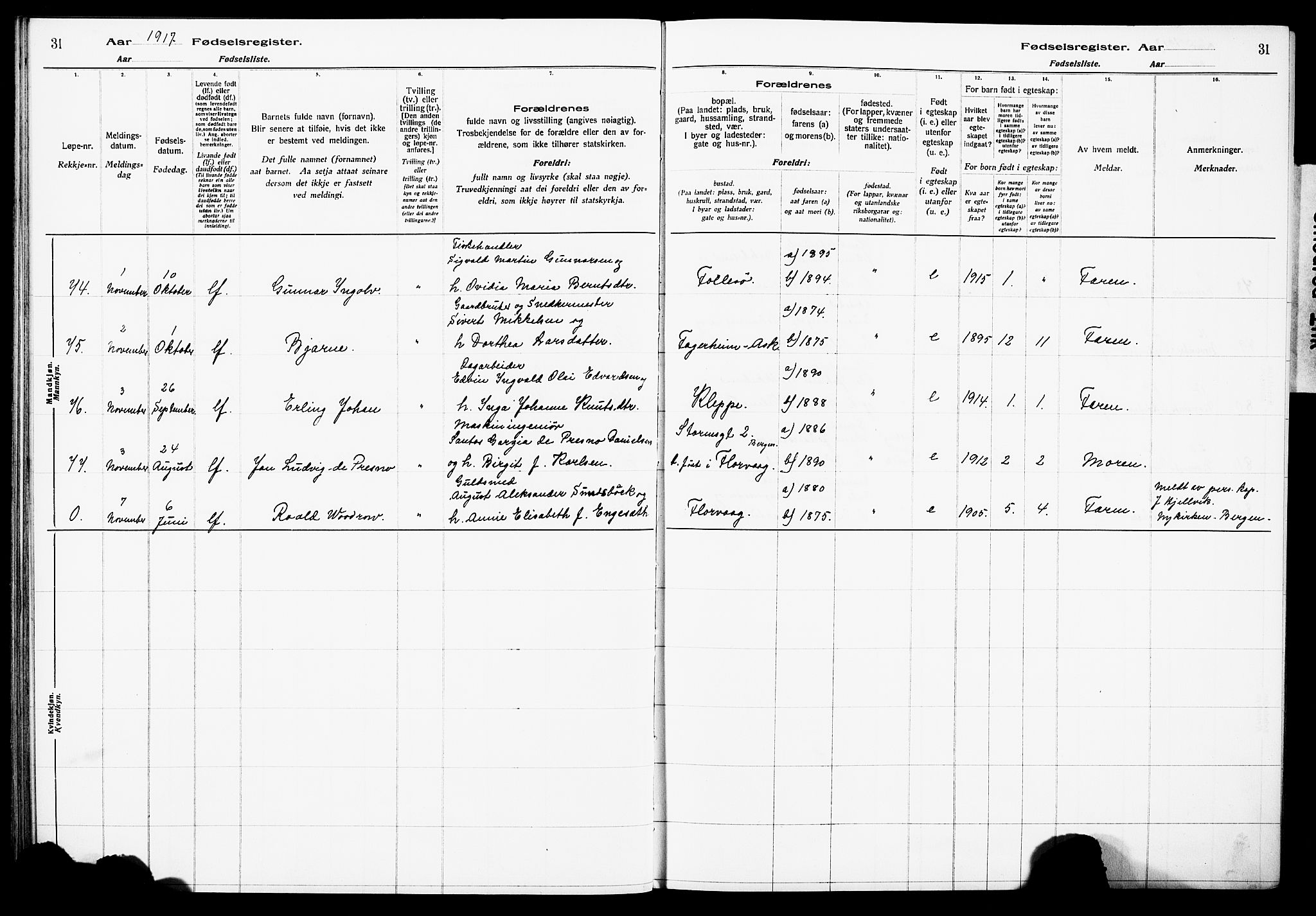 Askøy Sokneprestembete, AV/SAB-A-74101/I/Id/L00A1: Birth register no. A 1, 1916-1928, p. 31