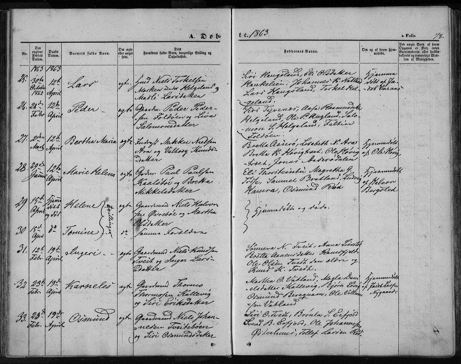 Jelsa sokneprestkontor, AV/SAST-A-101842/01/IV: Parish register (official) no. A 7, 1854-1866, p. 78