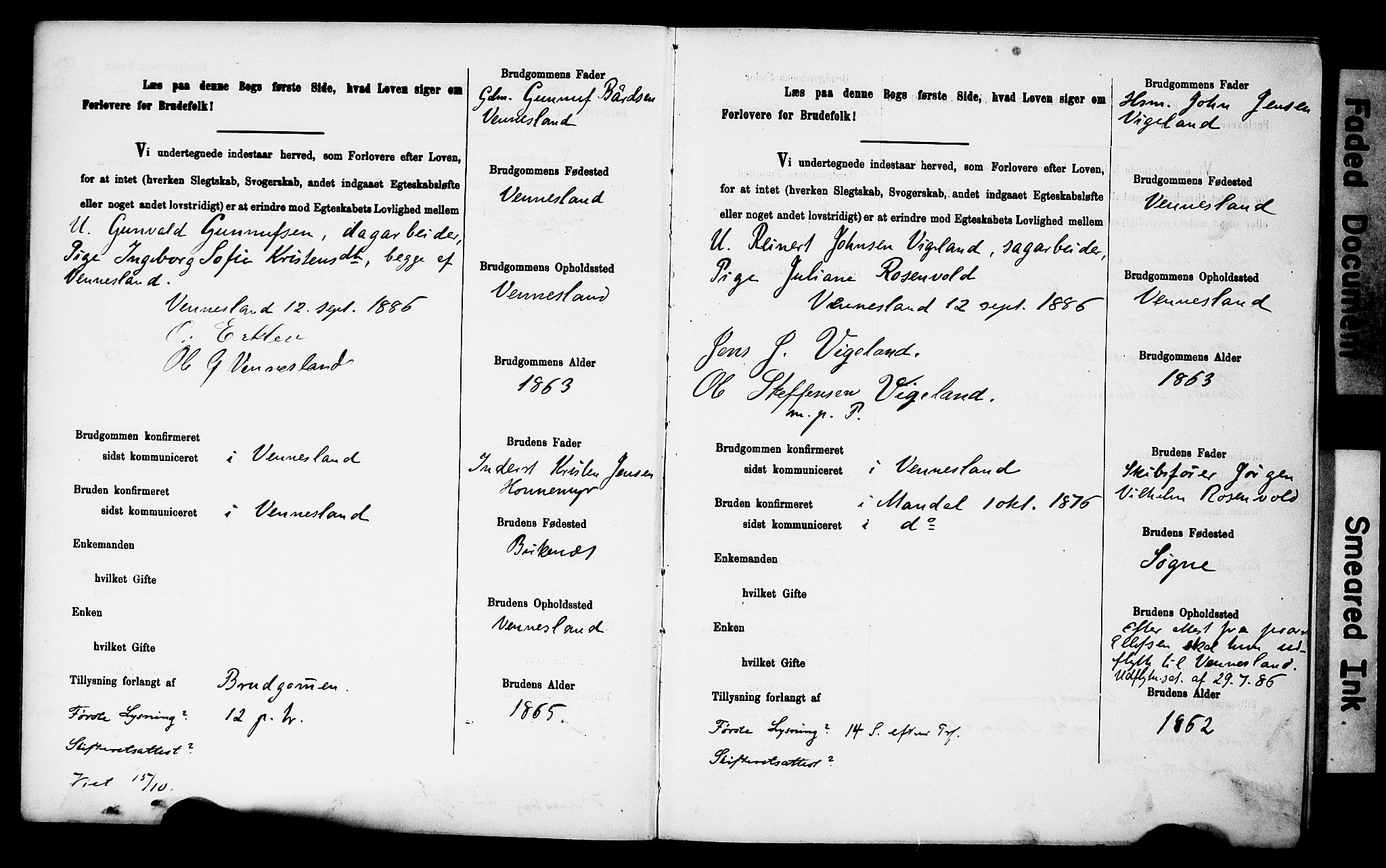 Vennesla sokneprestkontor, AV/SAK-1111-0045/J/L0032/0003: Banns register no. II 5 1, 1886-1892, p. 2