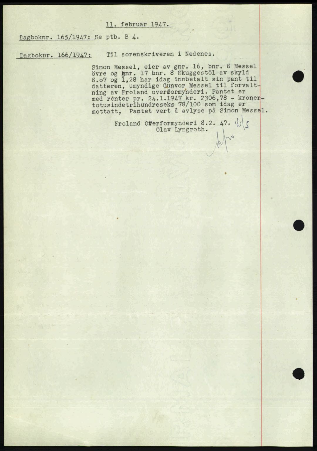 Nedenes sorenskriveri, SAK/1221-0006/G/Gb/Gba/L0056: Mortgage book no. A8, 1946-1947, Diary no: : 165/1947