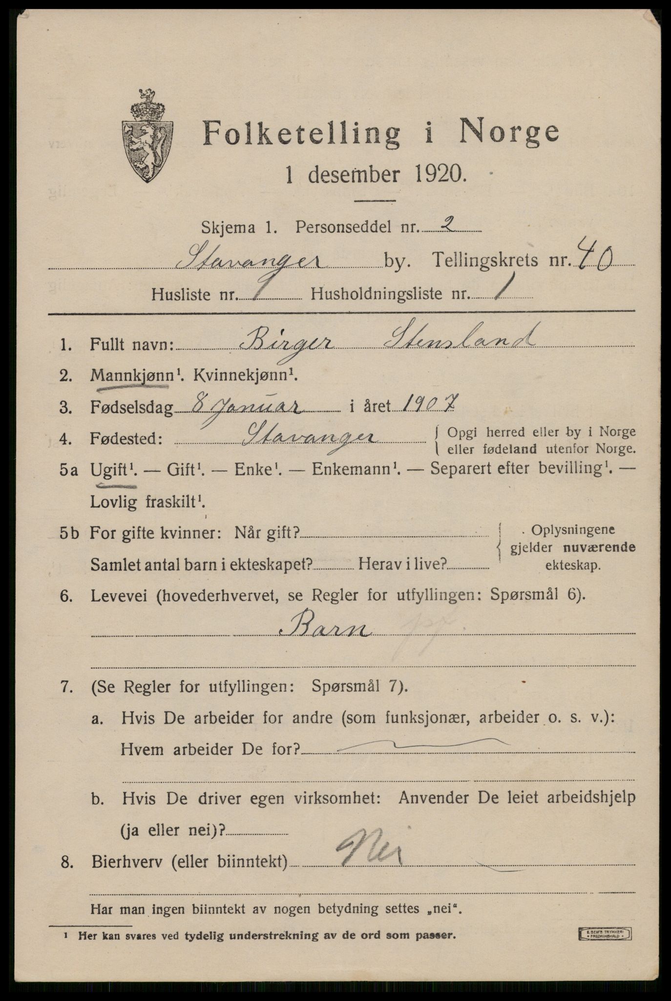 SAST, 1920 census for Stavanger, 1920, p. 102198