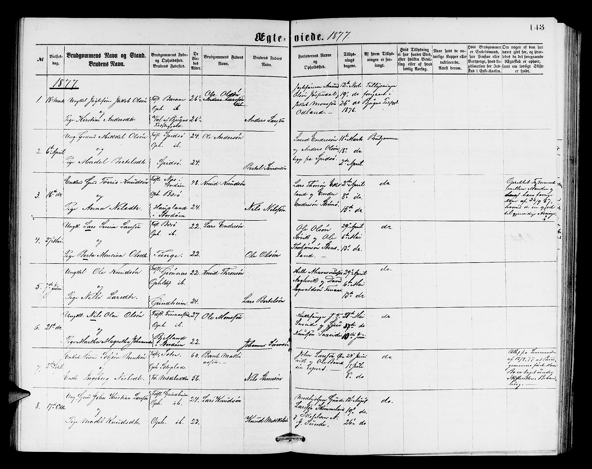 Finnås sokneprestembete, AV/SAB-A-99925/H/Ha/Hab/Haba/L0002: Parish register (copy) no. A 2, 1873-1882, p. 143