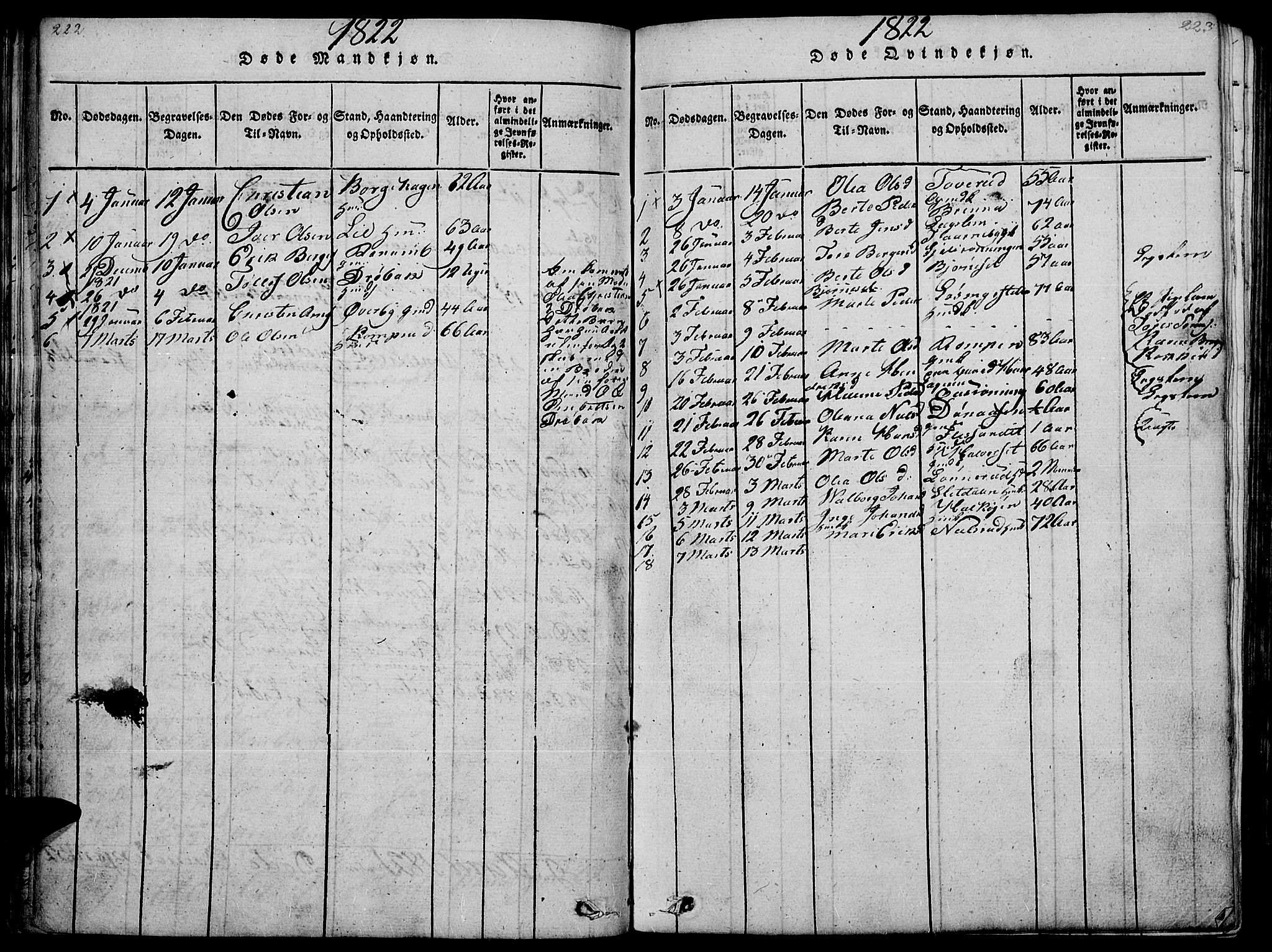 Hof prestekontor, SAH/PREST-038/H/Ha/Haa/L0005: Parish register (official) no. 5, 1816-1822, p. 222-223
