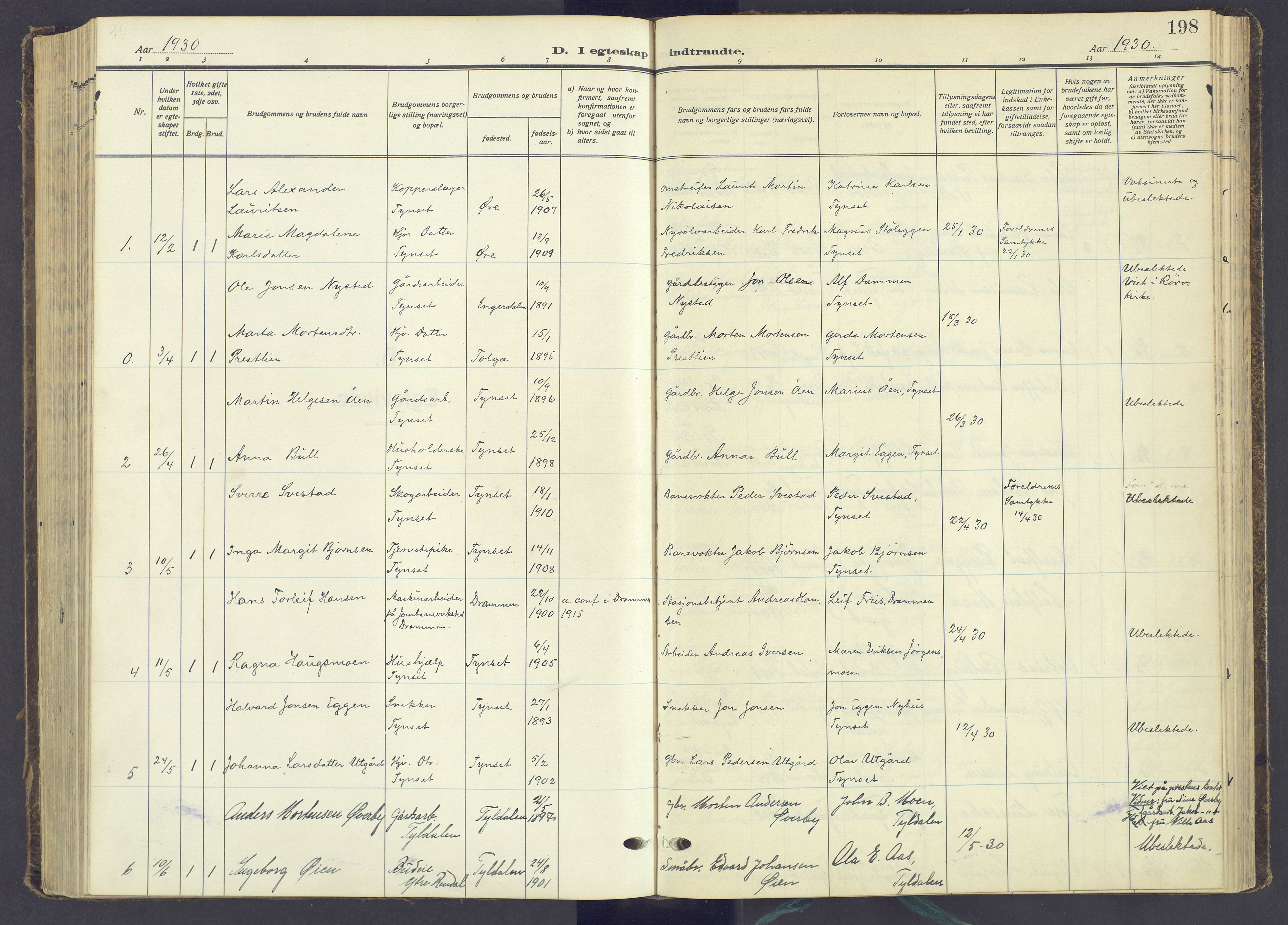 Tynset prestekontor, SAH/PREST-058/H/Ha/Haa/L0027: Parish register (official) no. 27, 1930-1944, p. 198